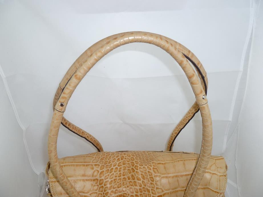 B MAKOWSKY USED CROC EMBOSSED KHAKI LEATHER FOLD OVER TOTE/SHOULDER BAG/SHOPPER