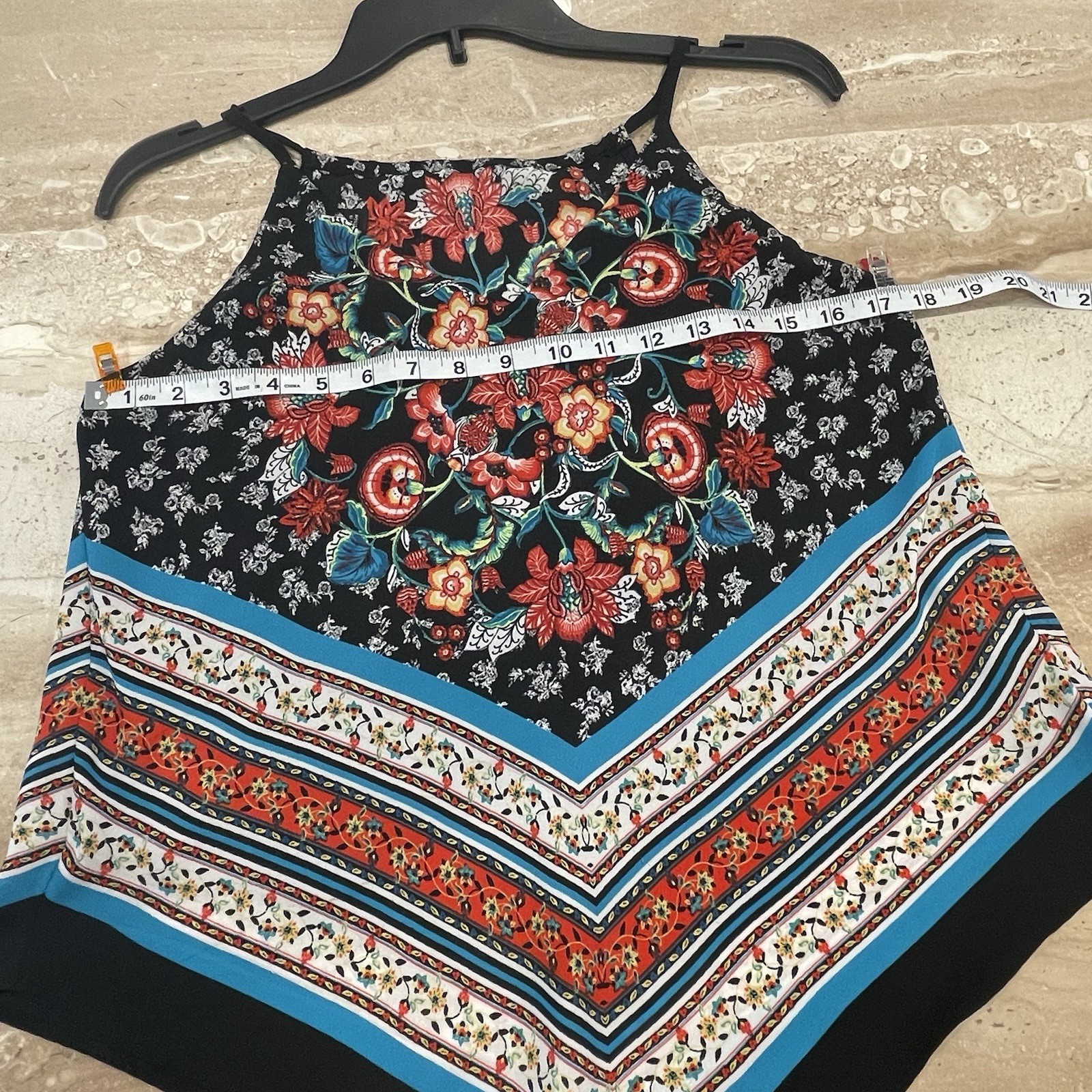 BCX Boho Cami Tank Top black floral SEMI SHEER Small Travel High Neck STrappy