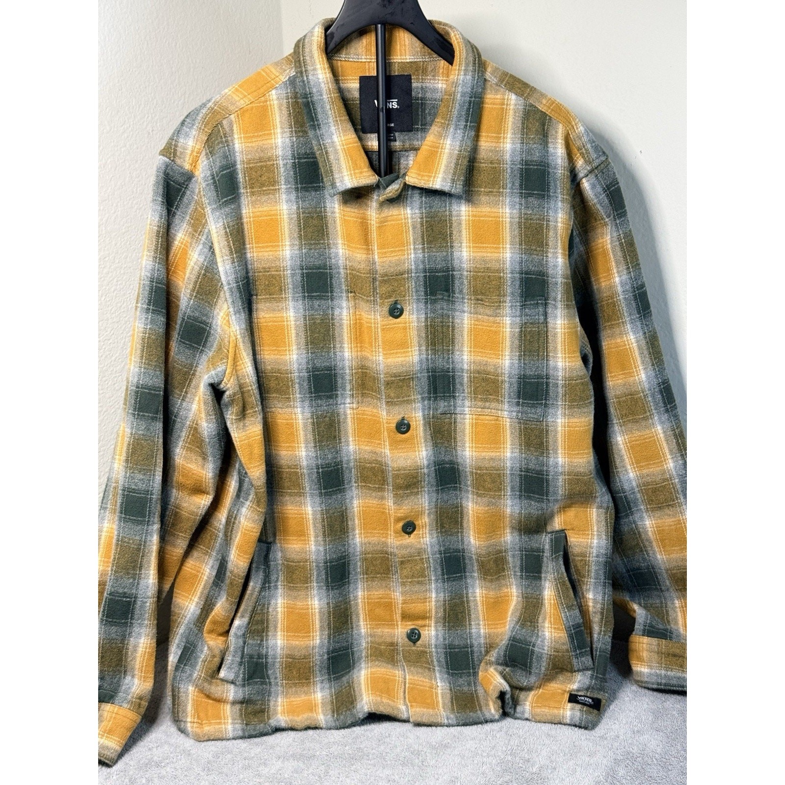 Vans Plaid Flannel Shacket Shirt Jacket Men XL Yellow Gray Heavy Skate Overshirt