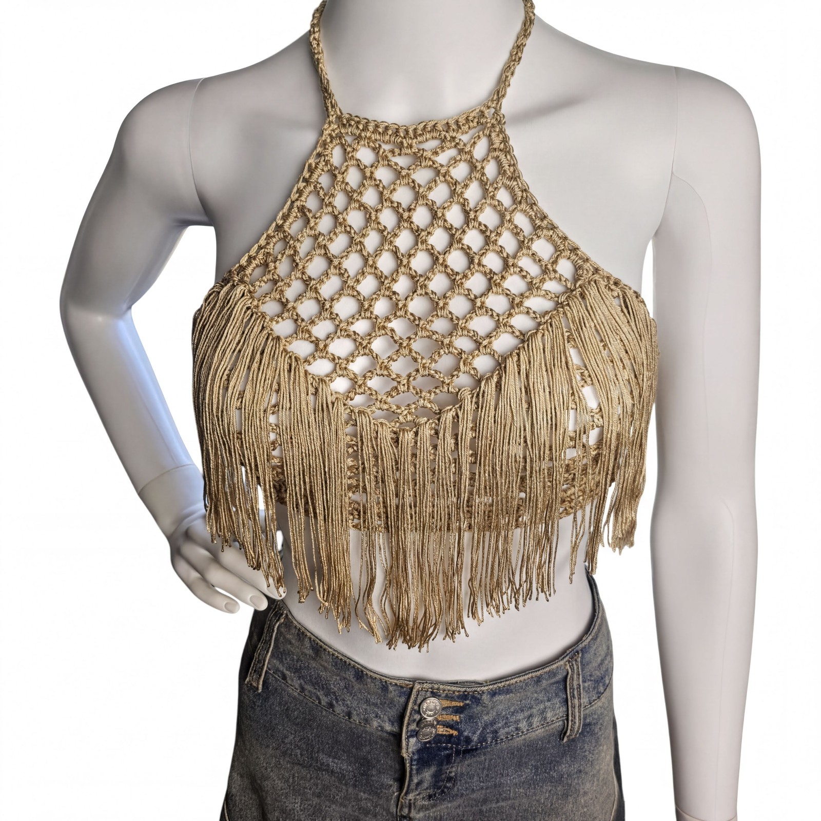 Handmade Crochet Halter Top Gold Small Fringe Boho Festival Sleeveless