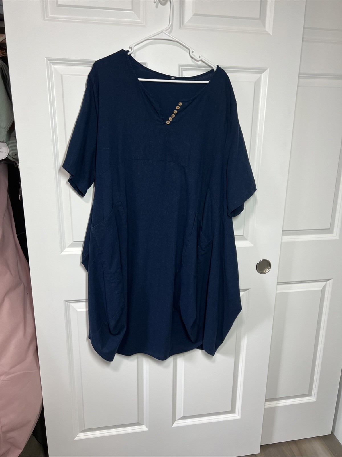 EUC Linen Cotton Oversized Shift Dress Lagenlook Pockets Roll Tab Blue Size L-2X