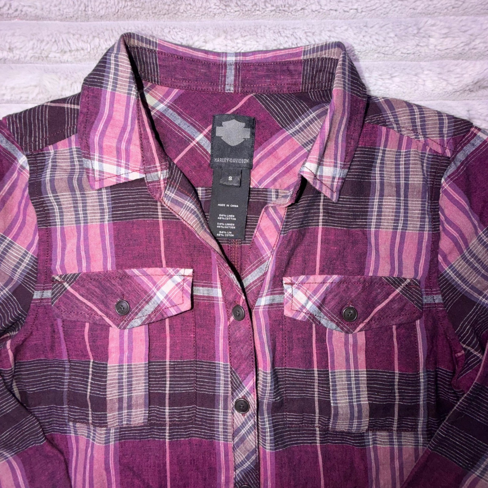 Harley-Davidson Womens Small Purple Plaid Linen Blend Roll Tab Button Down Shirt