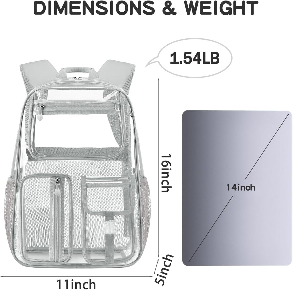 Heavy Duty Clear Backpack 16x11x5 TPU Stadium See Through Bookbag Grey