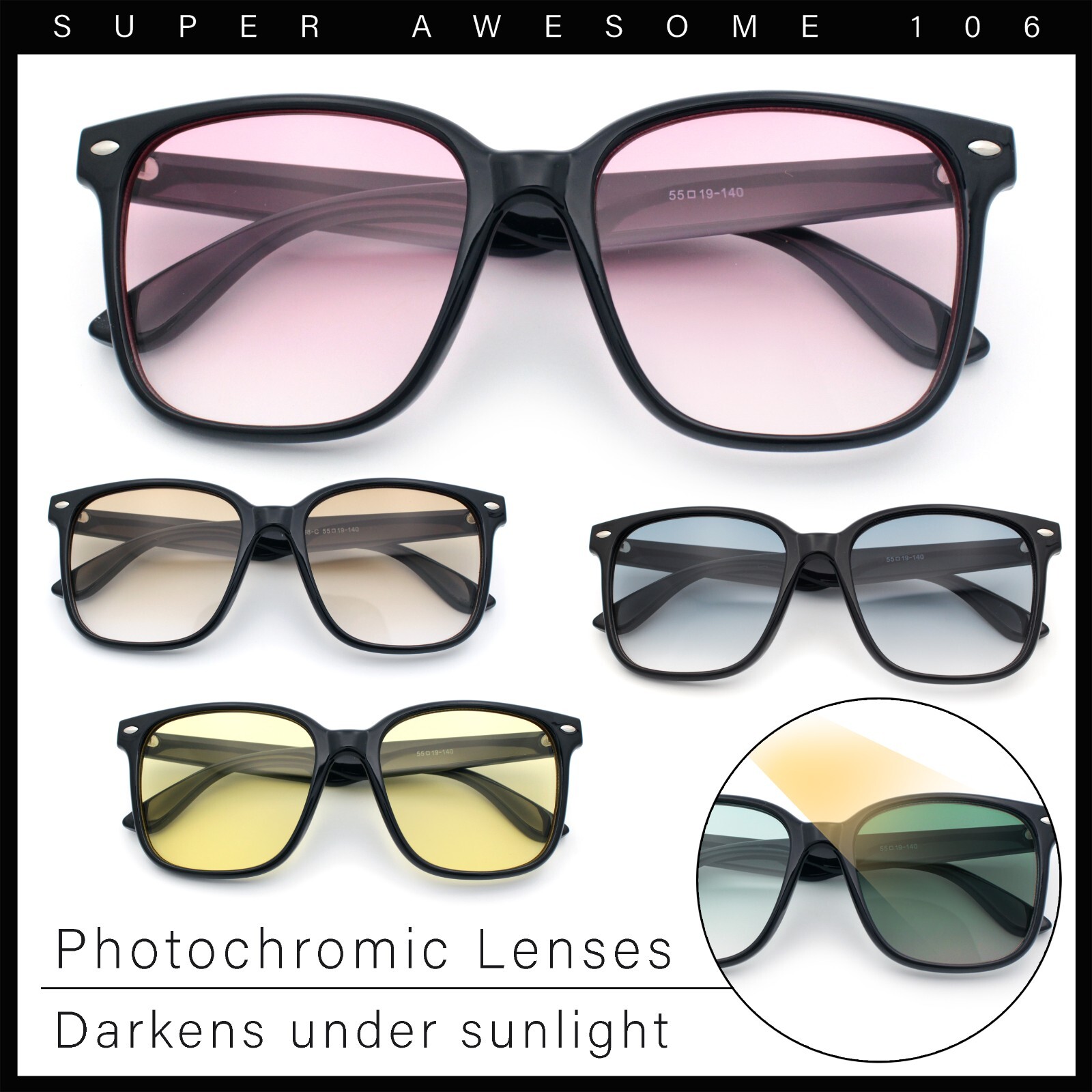 Retro Hipster Photochromic Lens Oversize Horn Rim Plastic Sunglasses