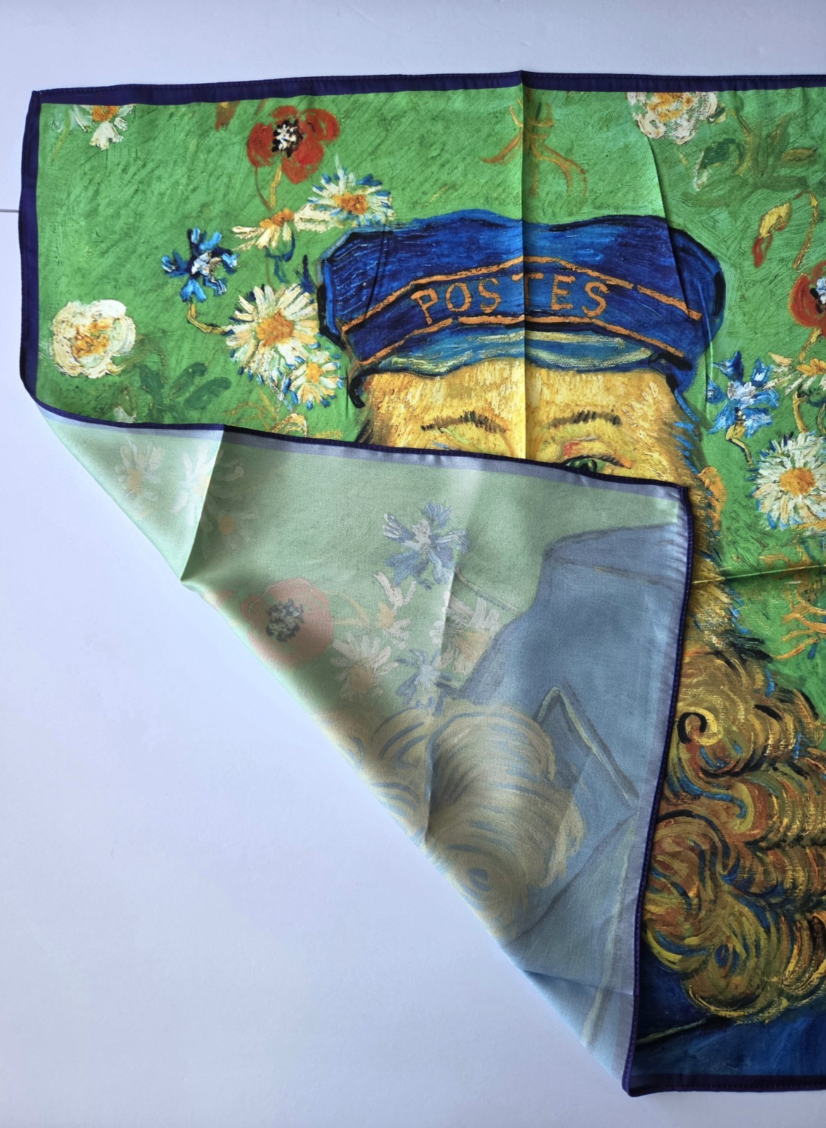 NEW Van Gogh Postman Art SCARF Faux Silk Green Impressionism Man Beard 21″ READ