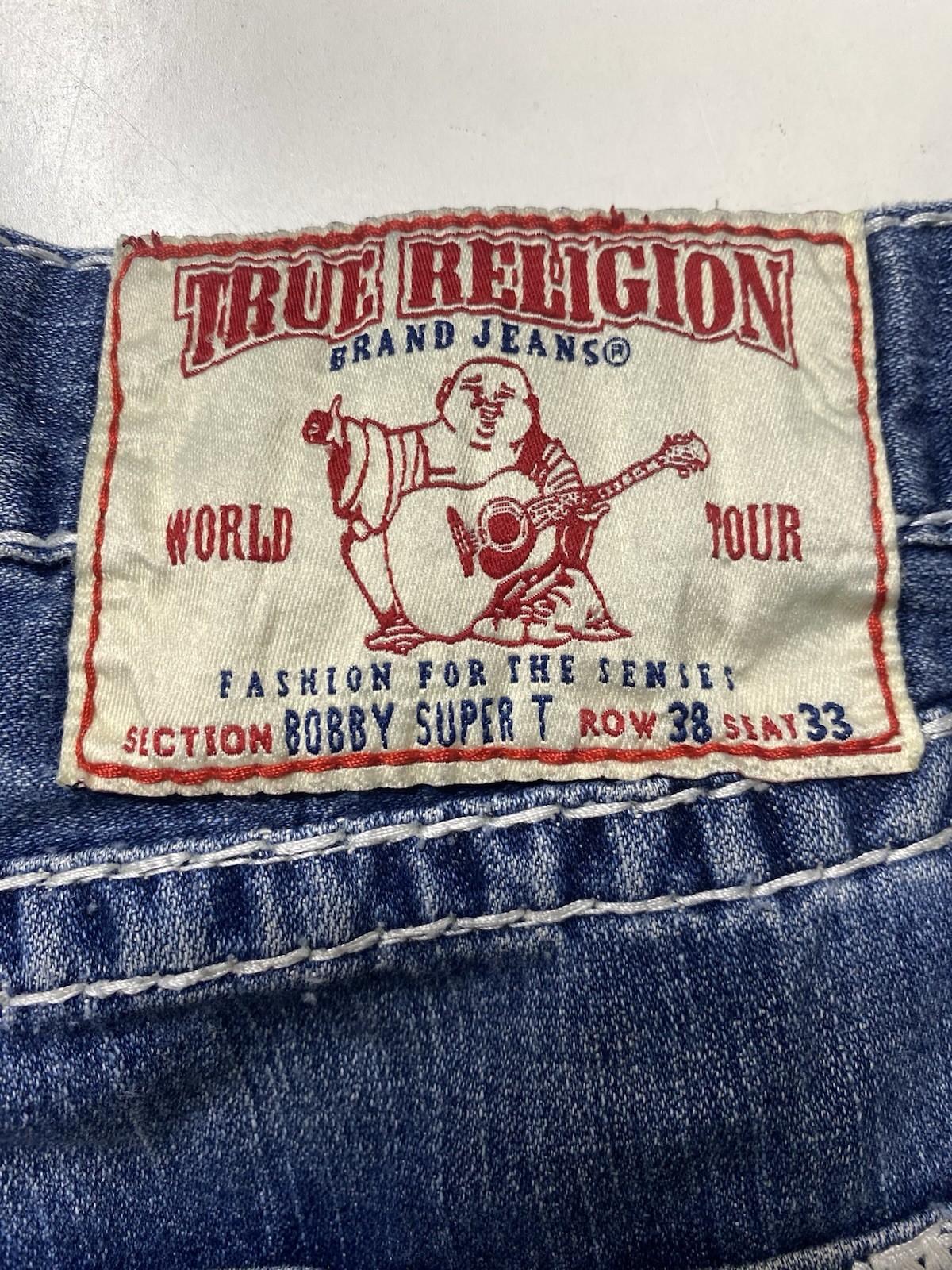 VTG True Religion Bobby Super T Jeans 38×26.5 Made in USA Thick White Stitch Y2K