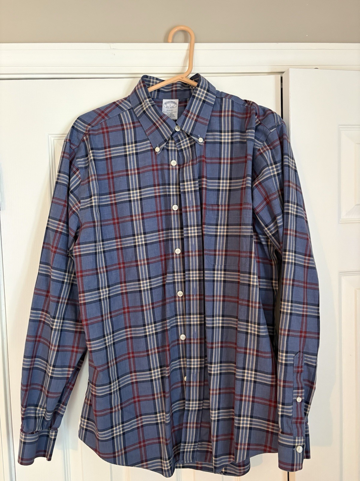Brooks Brothers Men’s L Regent Fit Blue Red White Plaid, Non Iron Stretch