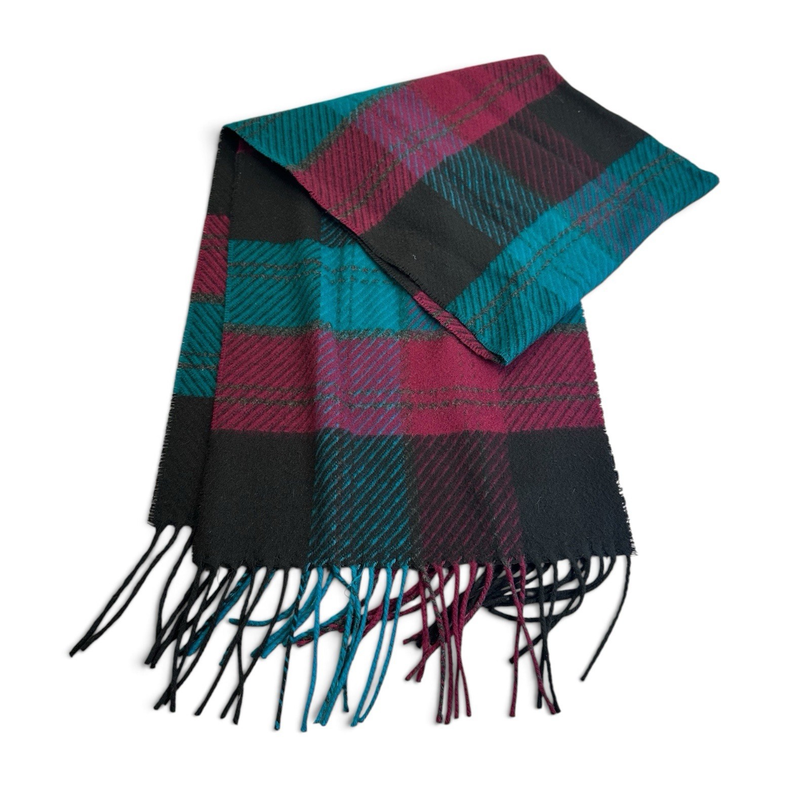 Neck Scarf V. Fraas Cashmink Classic Purple Black Blue Plaid Fringe 52″ Vintage