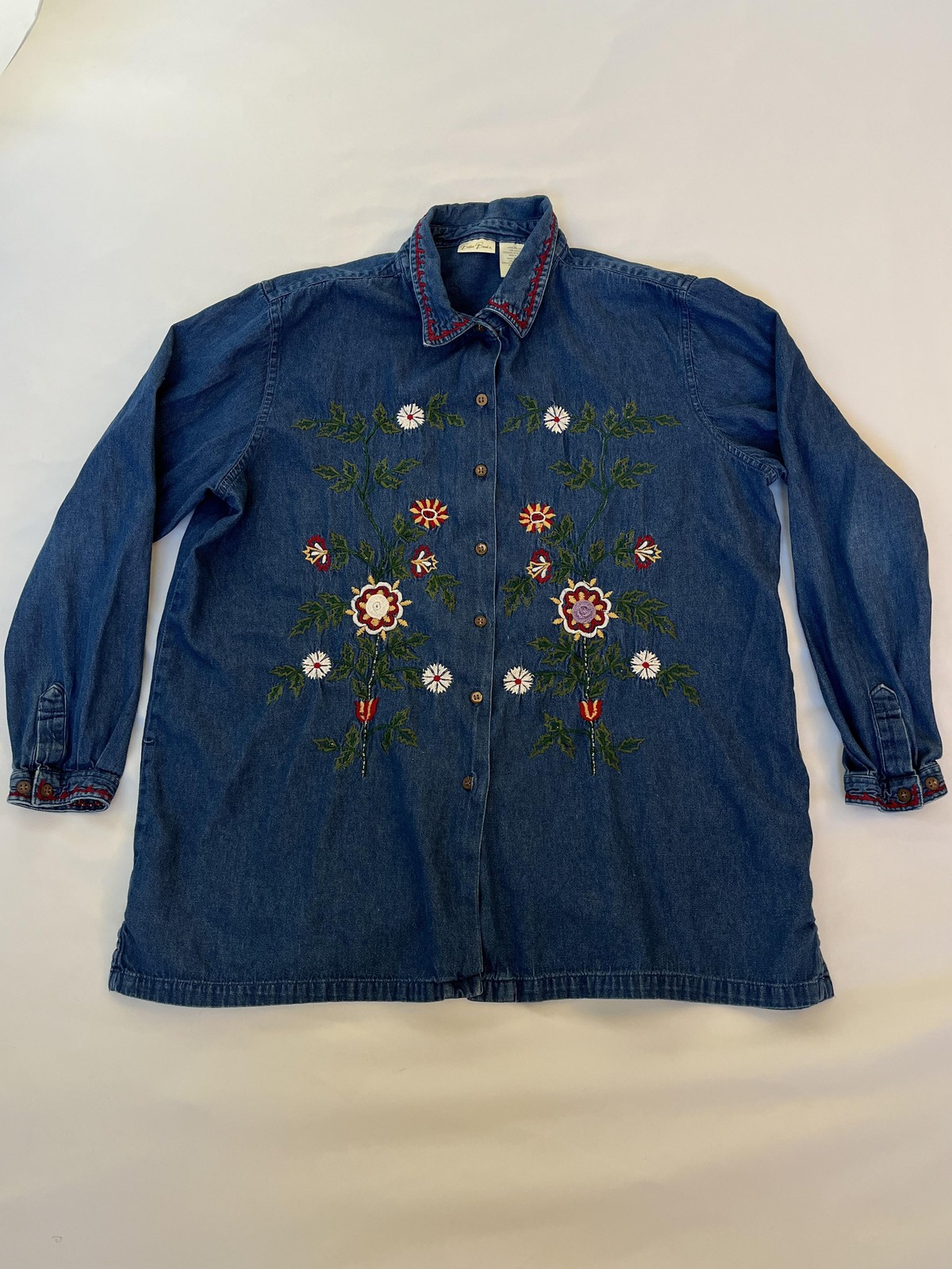 Bobbie Brooks Denim Embroidered Floral Shirt Button Up Tunic Womens XL Blue