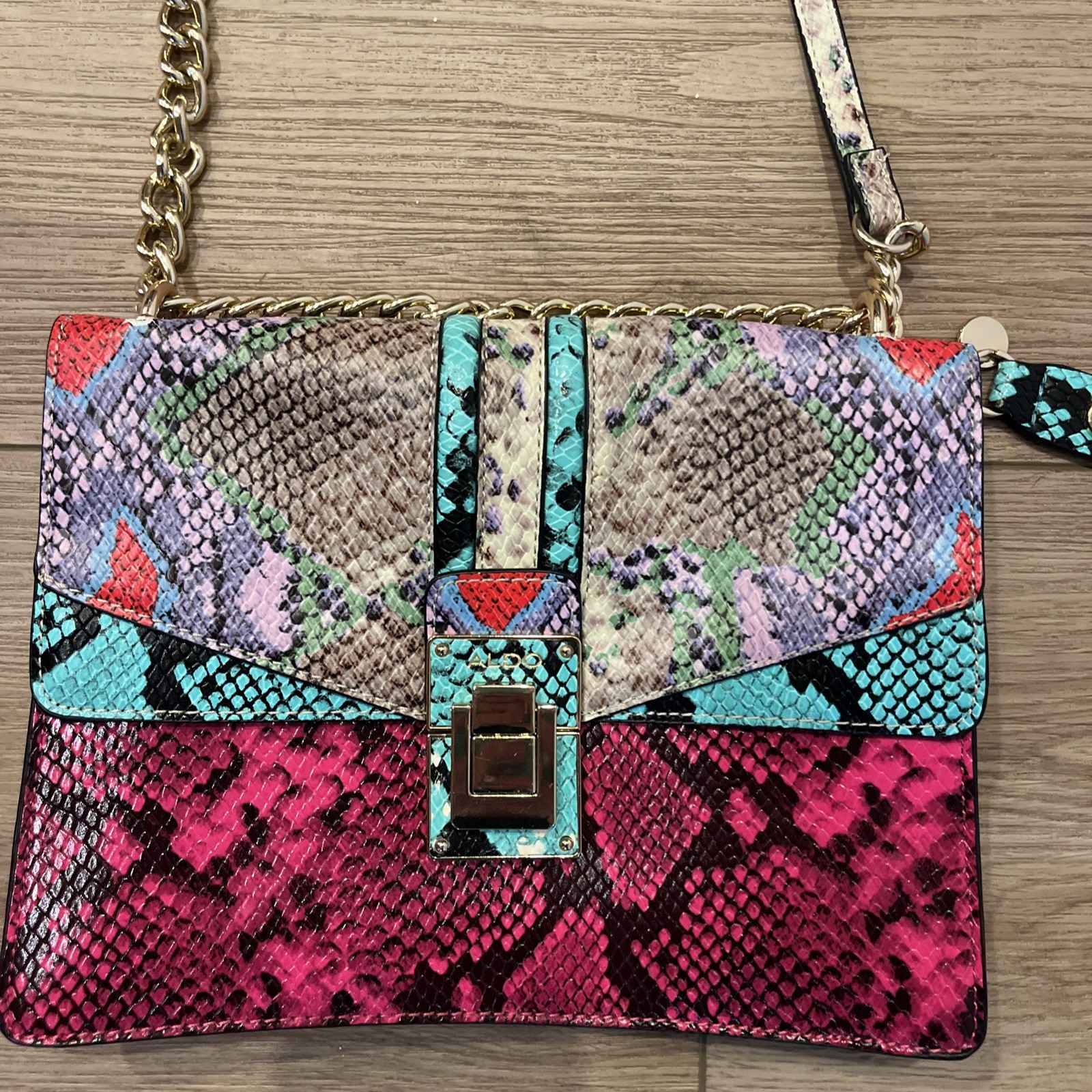 ALDO Multicolor Snake Print Chain Strap Shoulder Bag Gold Hardware Buckle Accent