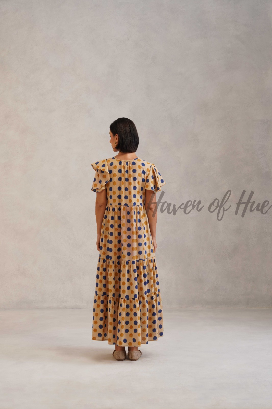 Hand Block Printed Cotton Midi Dress, V-Neck Long Sleeve Tiered Floral Outfit