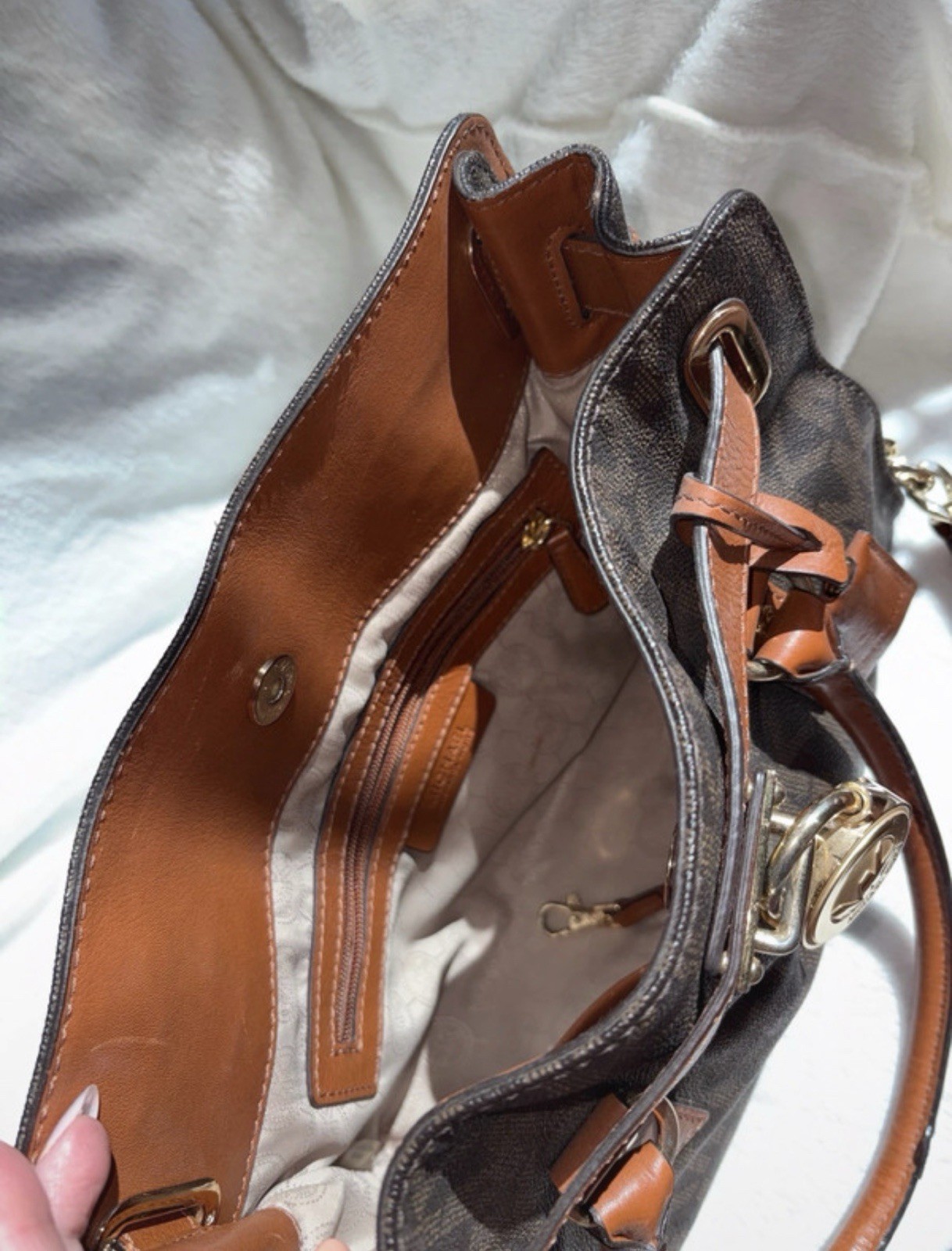 Michael Kors Brown/Gray Monogram Satchel Top Handle Chain Strap Key Detachable