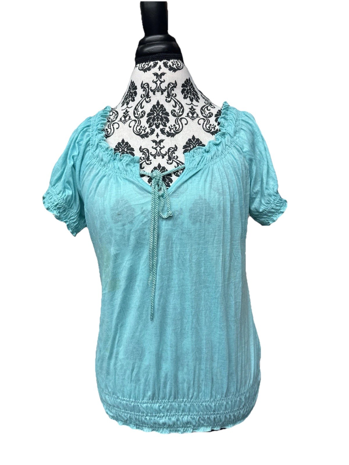 Self Esteem Turquoise Peasant Blouse Woman’s Tie Front Smocked Ruffle Short Sal