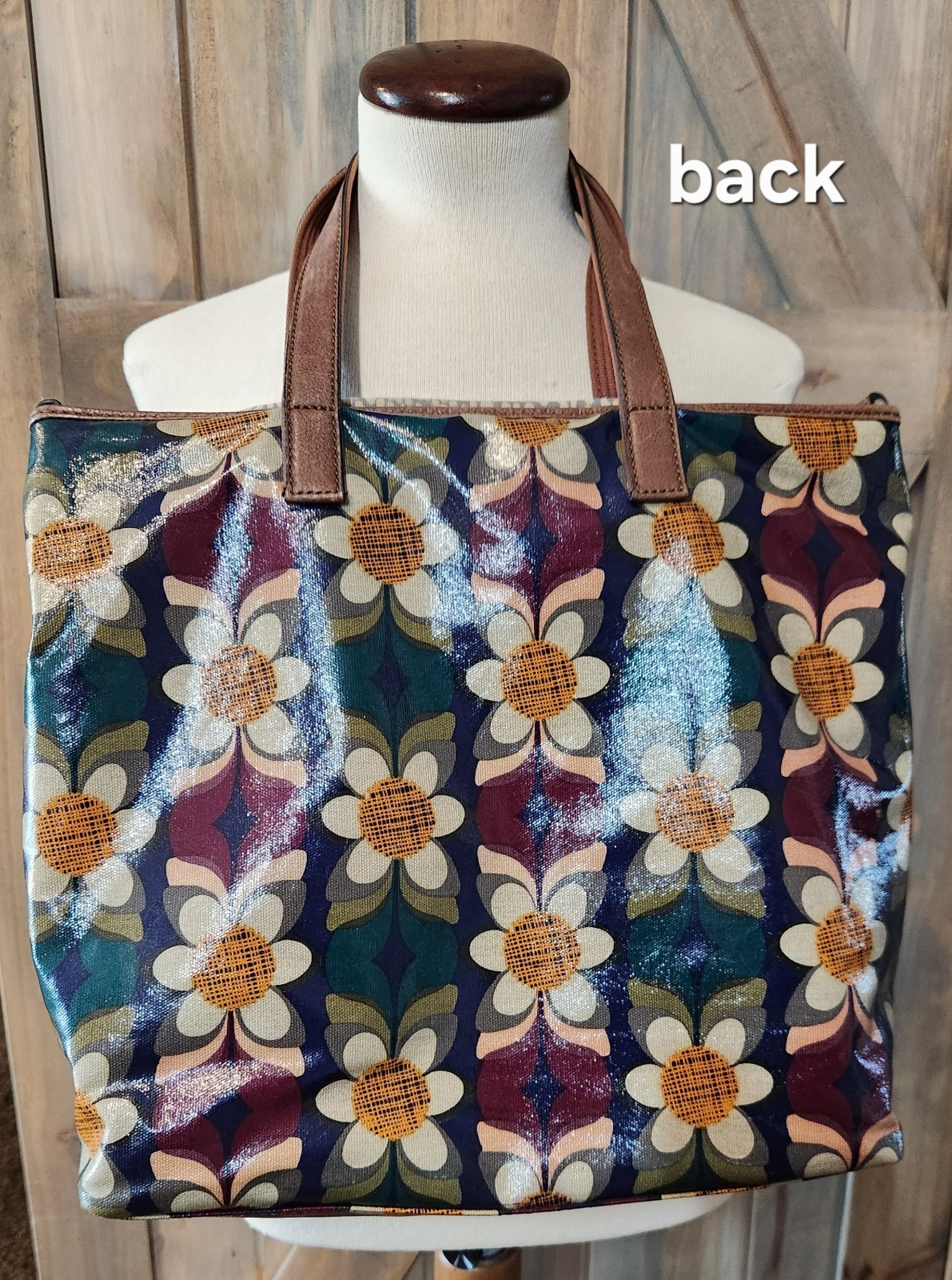 Vtg Fossil Tote Key Per Leather Coated Canvas Floral Hand Shoulder Bag Purse EUC