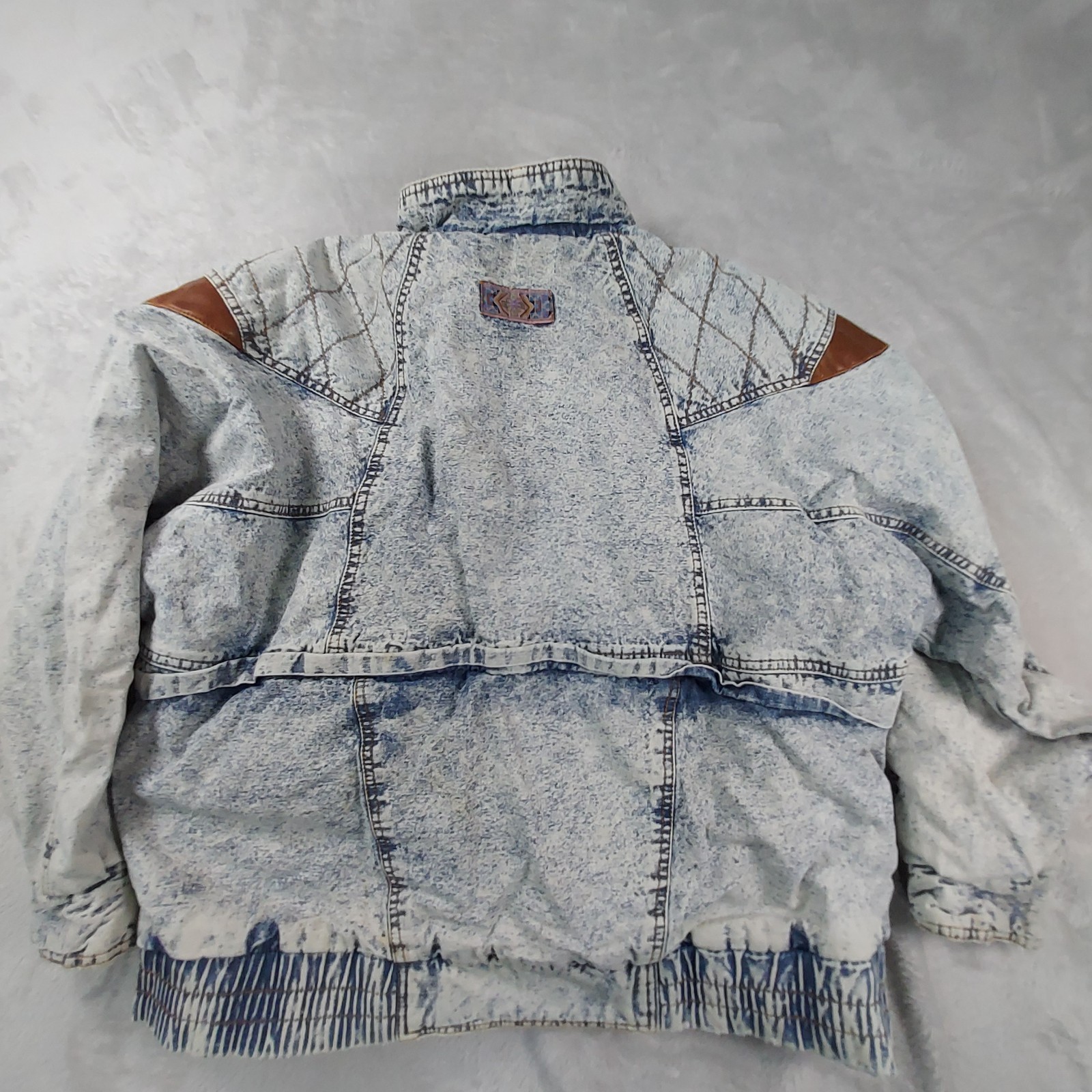 American Ethic Jean Denim Jacket Mens Large Blue Mock Neck Leather Shoulder Trim