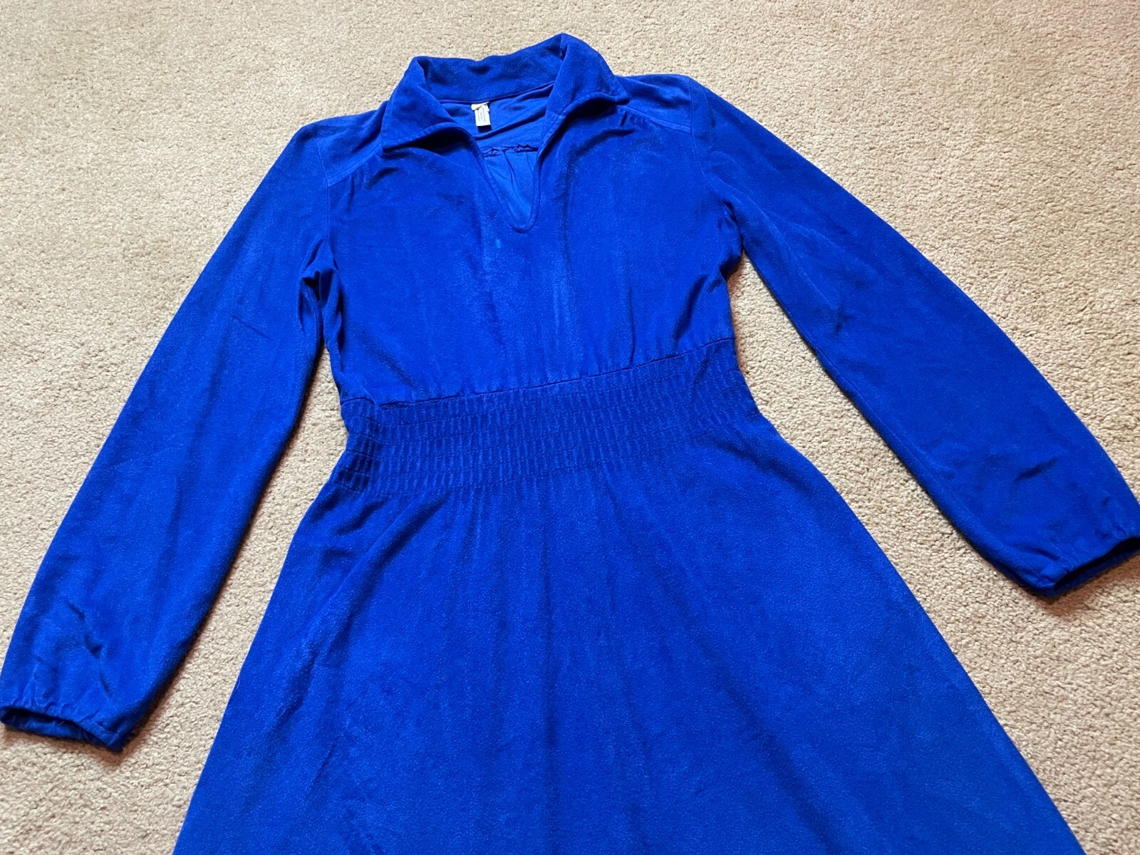 Vintage 1970s Hippie Velour Blue Butterfly Collar Disco Midi Shirt Dress S/M