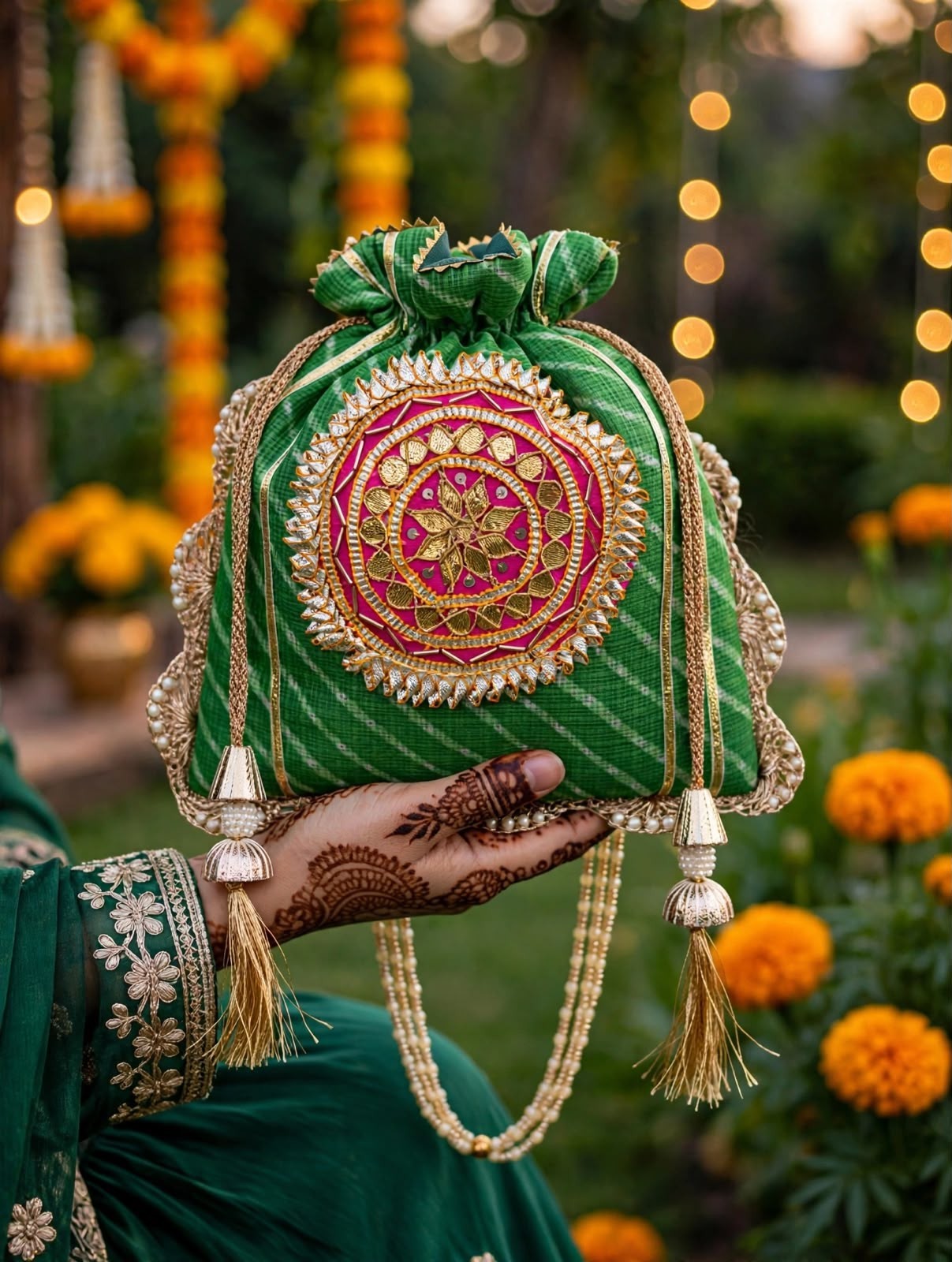 Indian Green Leheriya Gotta Handwork Flower with Pearl Lace and Handle Potli Bag