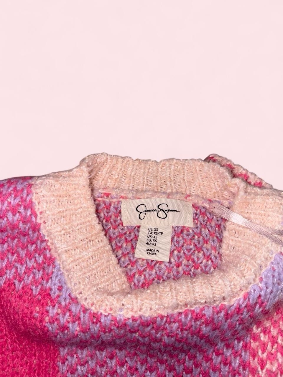 Jessica Simpson Women’s Pink Beige Purple Check Knit Crewneck Pullover XS