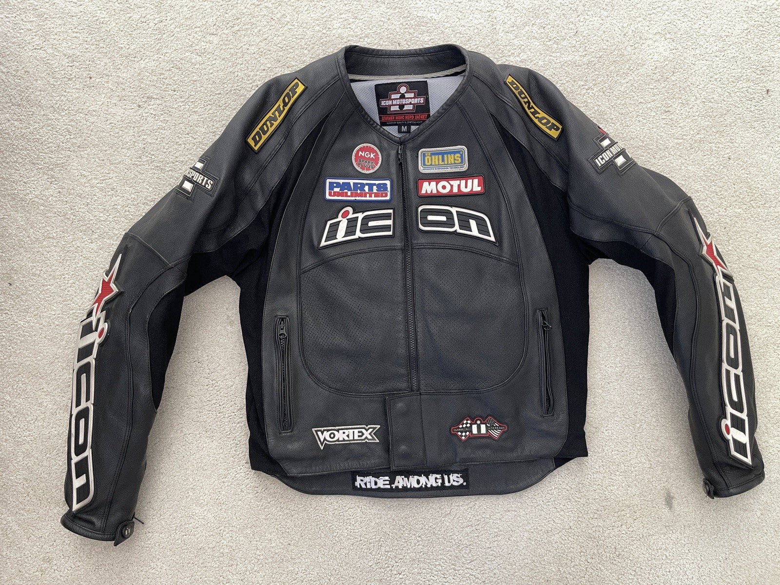 Icon Racing Logo Embroidered Black Leather Merc Hero Moto Jacket Mens Medium M