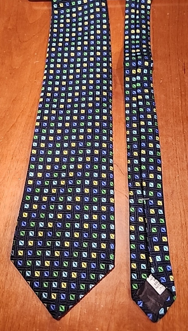XMI Platinum Mens Tie Black/Yellow/Green/Blue Geometric 100% Silk Hand Made T-1