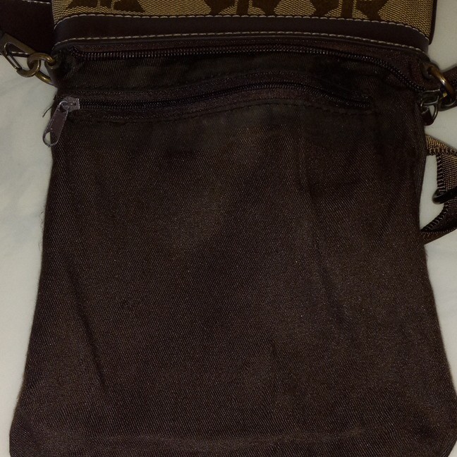 Brown Tan Logo Print Crossbody Bag Zip Closure Adjustable Strap Outer Pockets