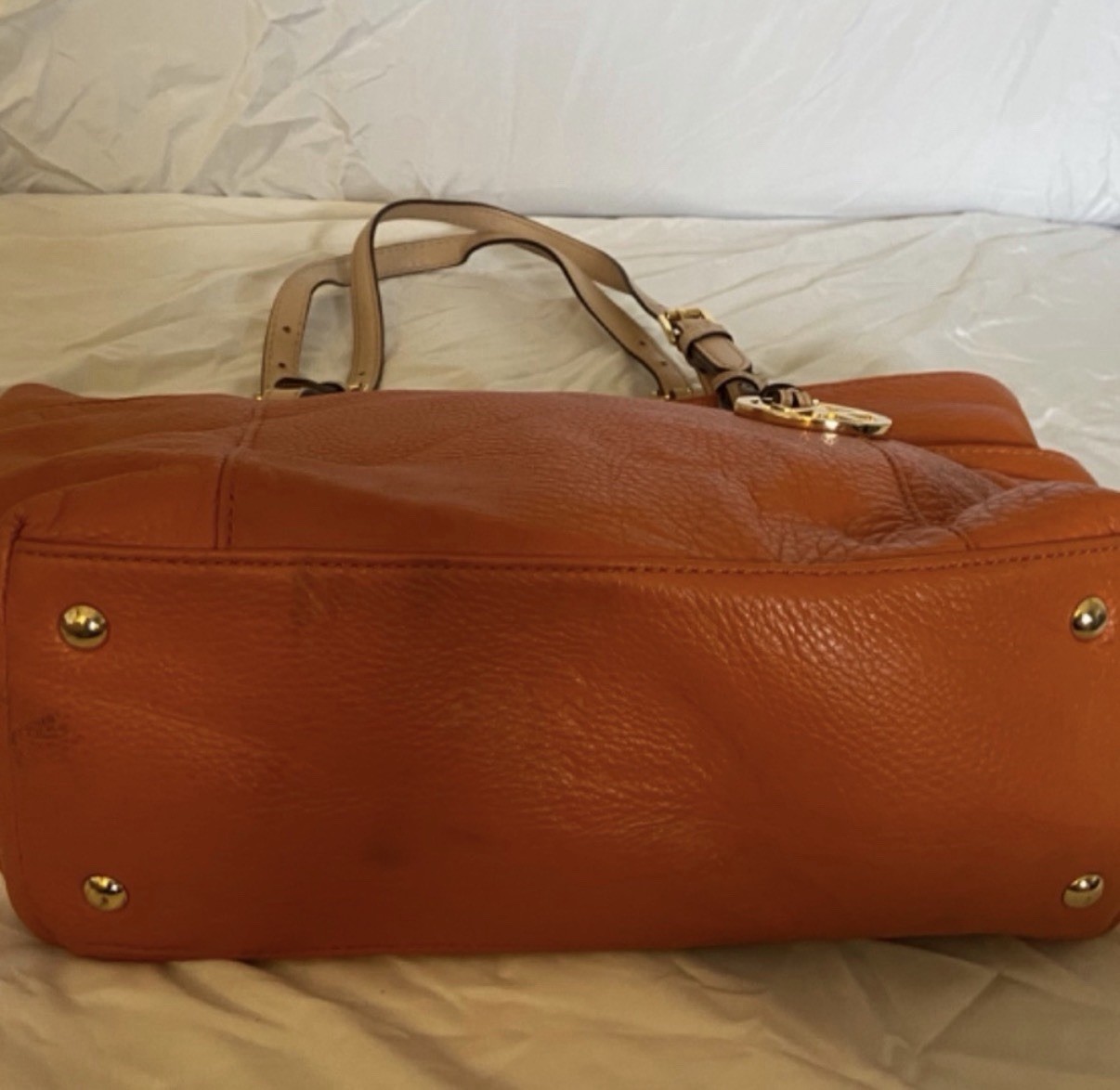 Michael Kors Large Orange Tote Zip Top w/ MK Charm, Beige Straps, Gold HW