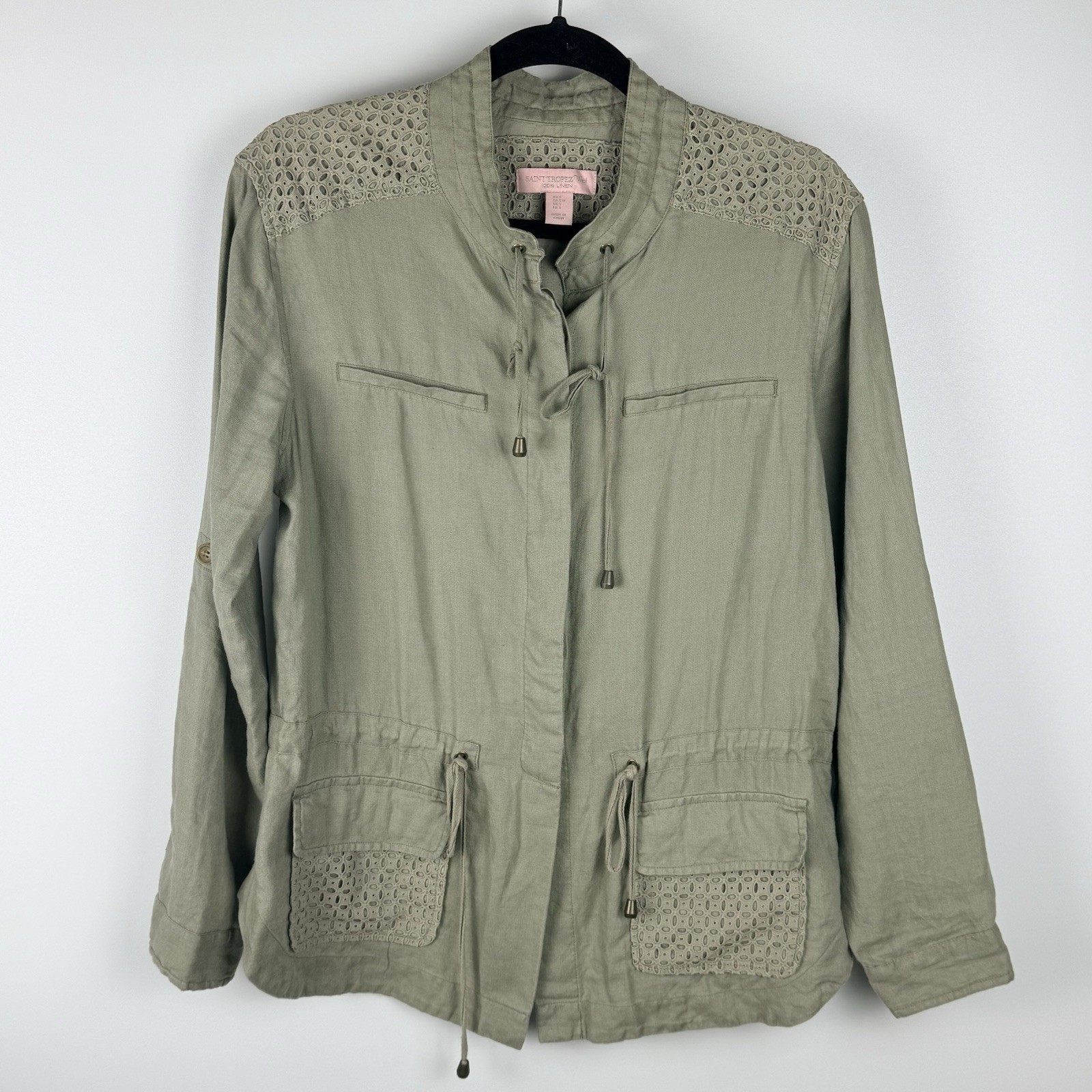 Saint Tropez West 100% Linen Jacket S Green Military Utility Safari Travel Beach