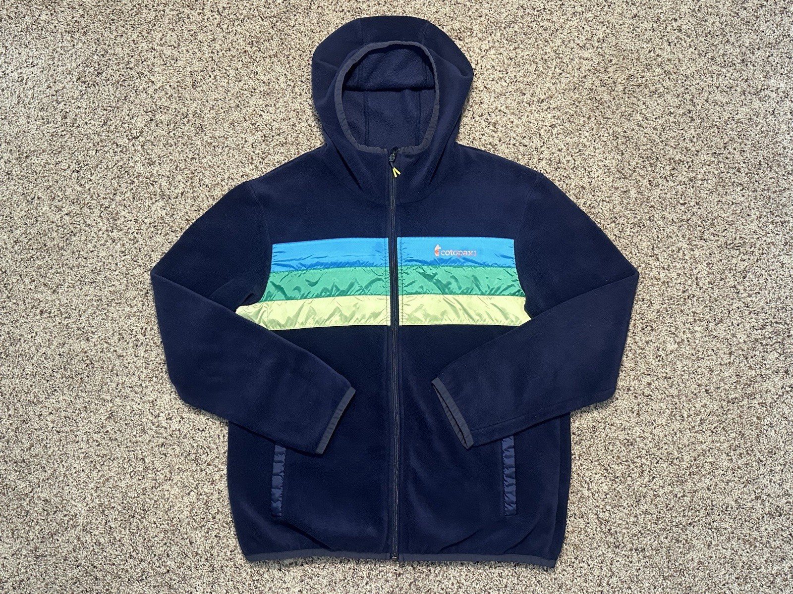 Cotopaxi Teca Striped Hooded Full Zip Fleece Jacket Blue Medium