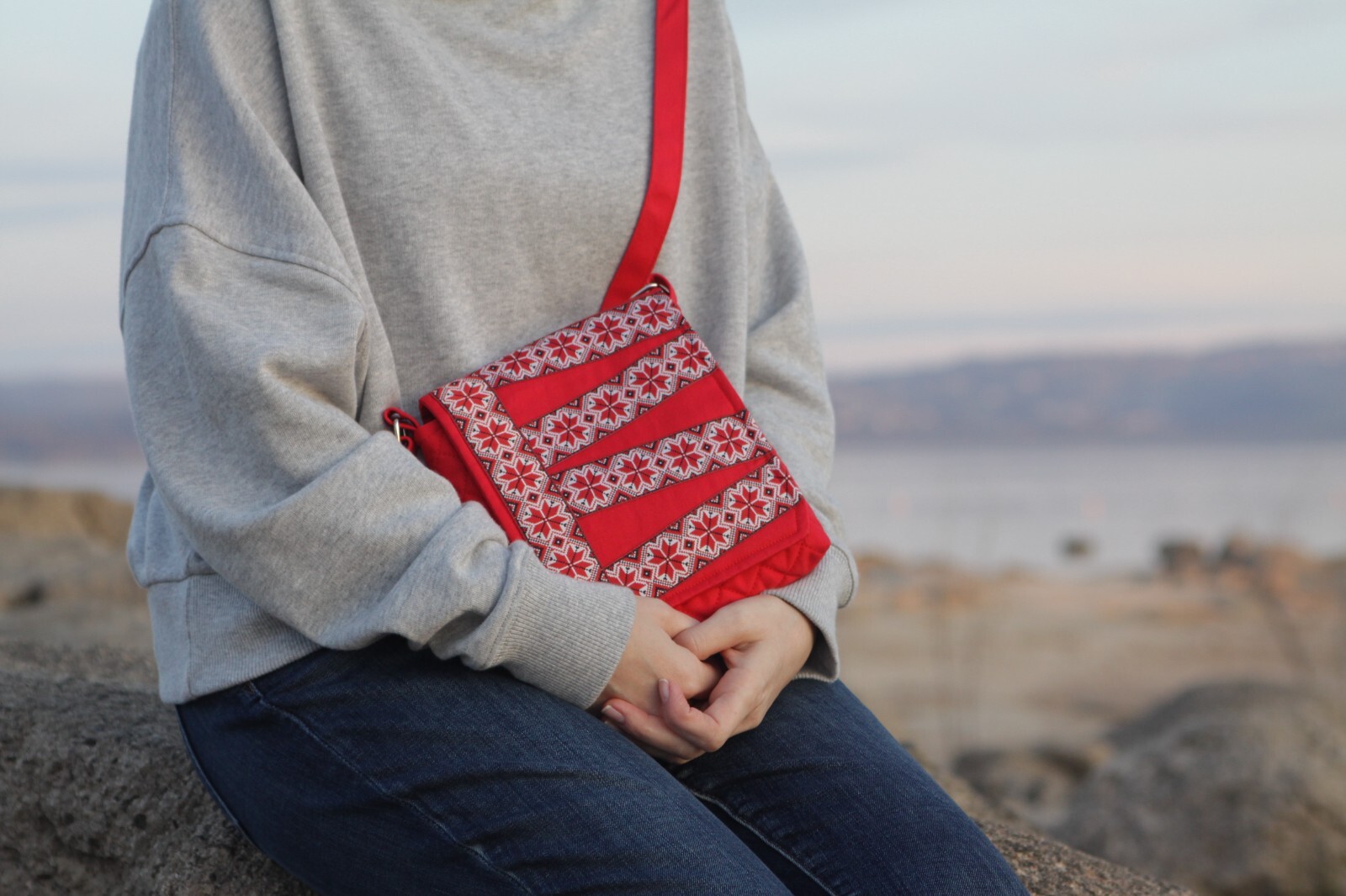 Red Natural Cotton Crossbody Bag Embroidered Adjustable Strap.