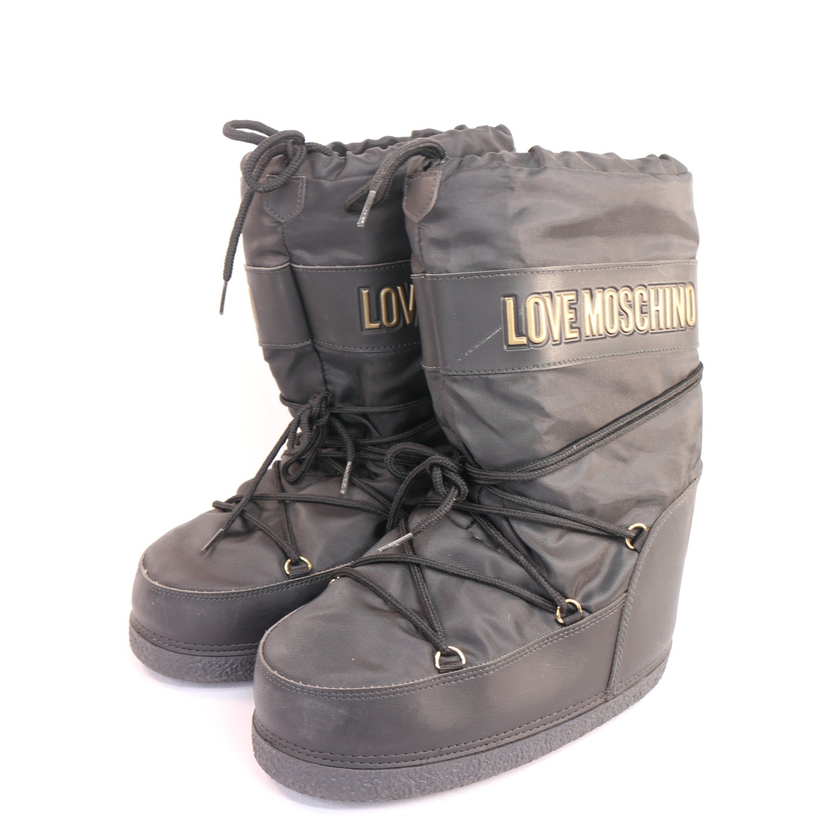 Love Moschino Snow Boot Unisex W9/M7 Black Mid-Calf Winter Travel Skiing Lace-Up