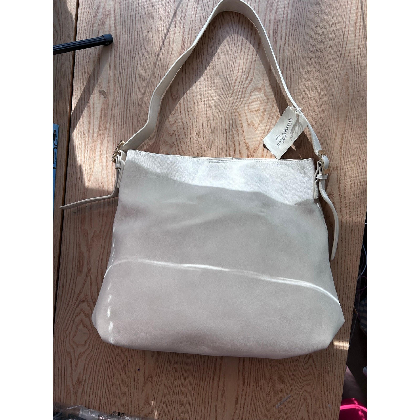 New Womens Universal Thread Faux Leather Look Handbag Purse Cream 15”x16” w/flaw