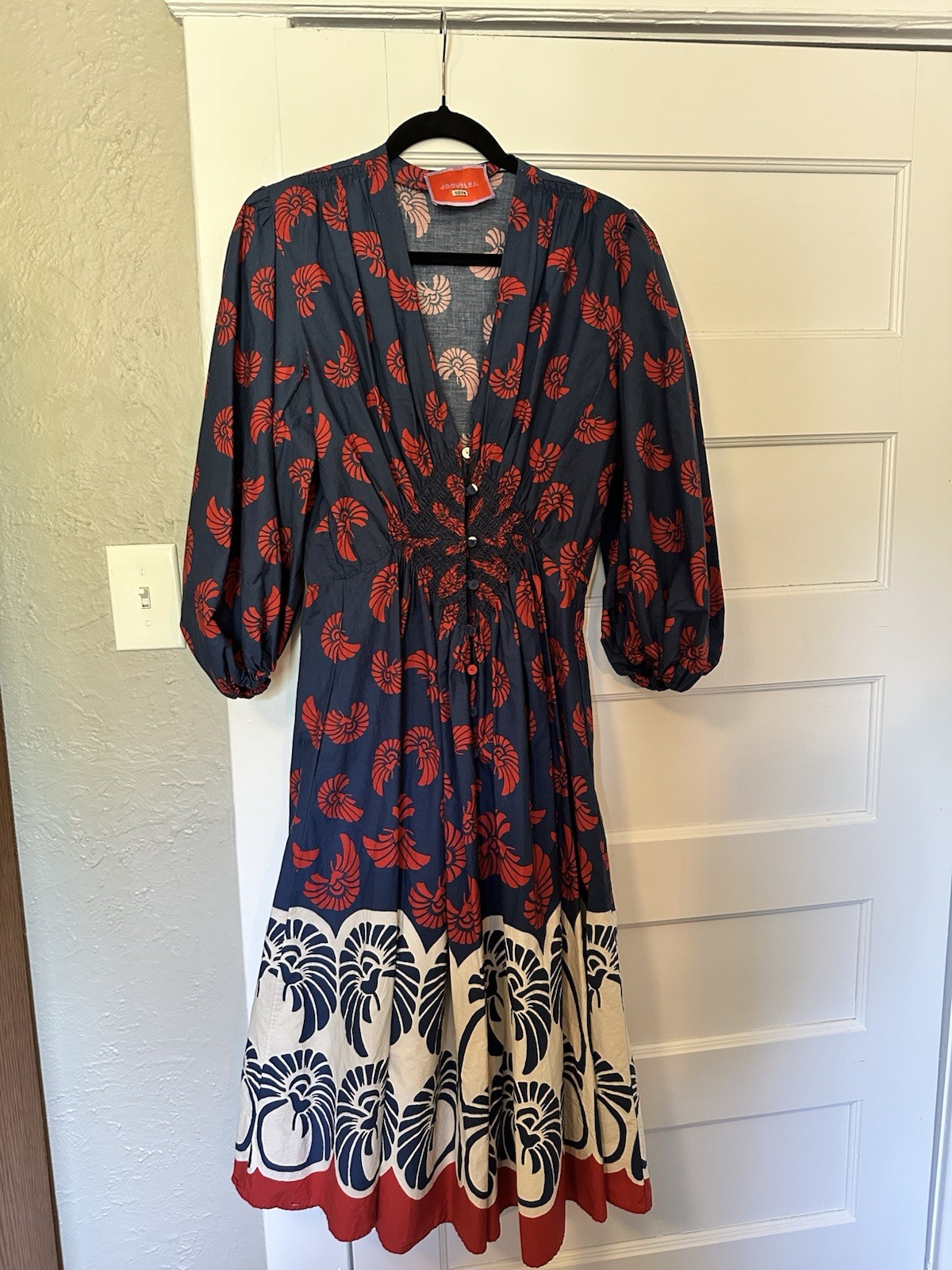 #LaDoubleJ Women’s L Floral Midi Dress Blue Red White V-Neck Smocked Button