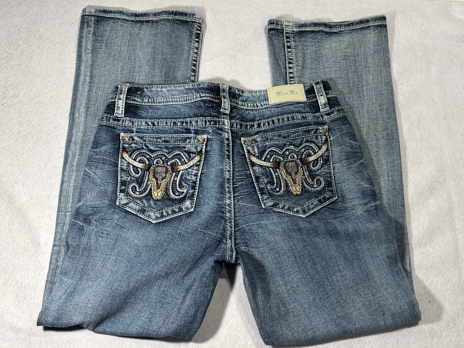 Miss Me Jeans Women’s 32 Curvy Embroi Longhorn Rhinestones Boot Cut Low-Rise