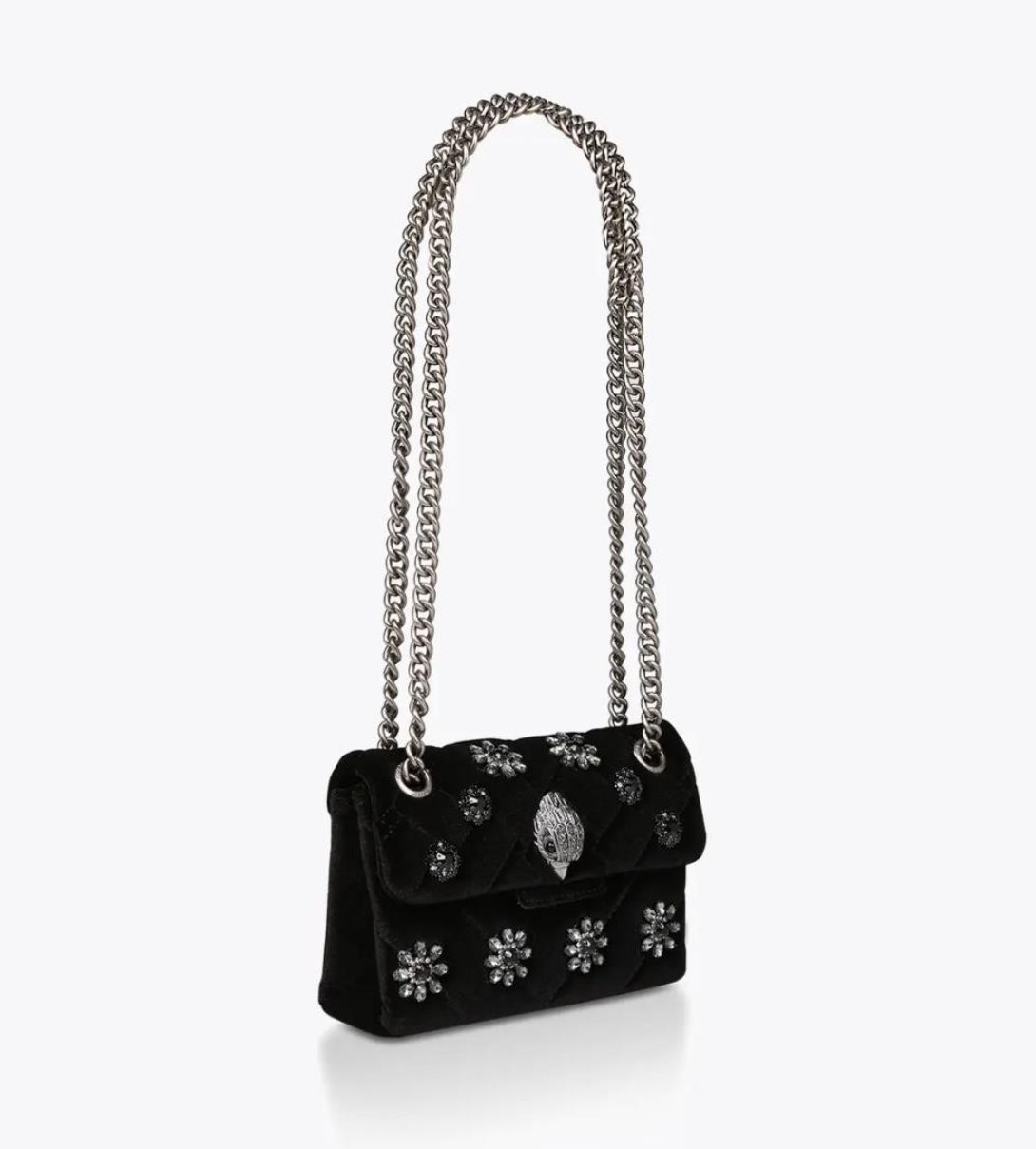 Kurt Geiger London Black Velvet Quilted Crossbody Silver Eagle Flower 20×8×15 cm