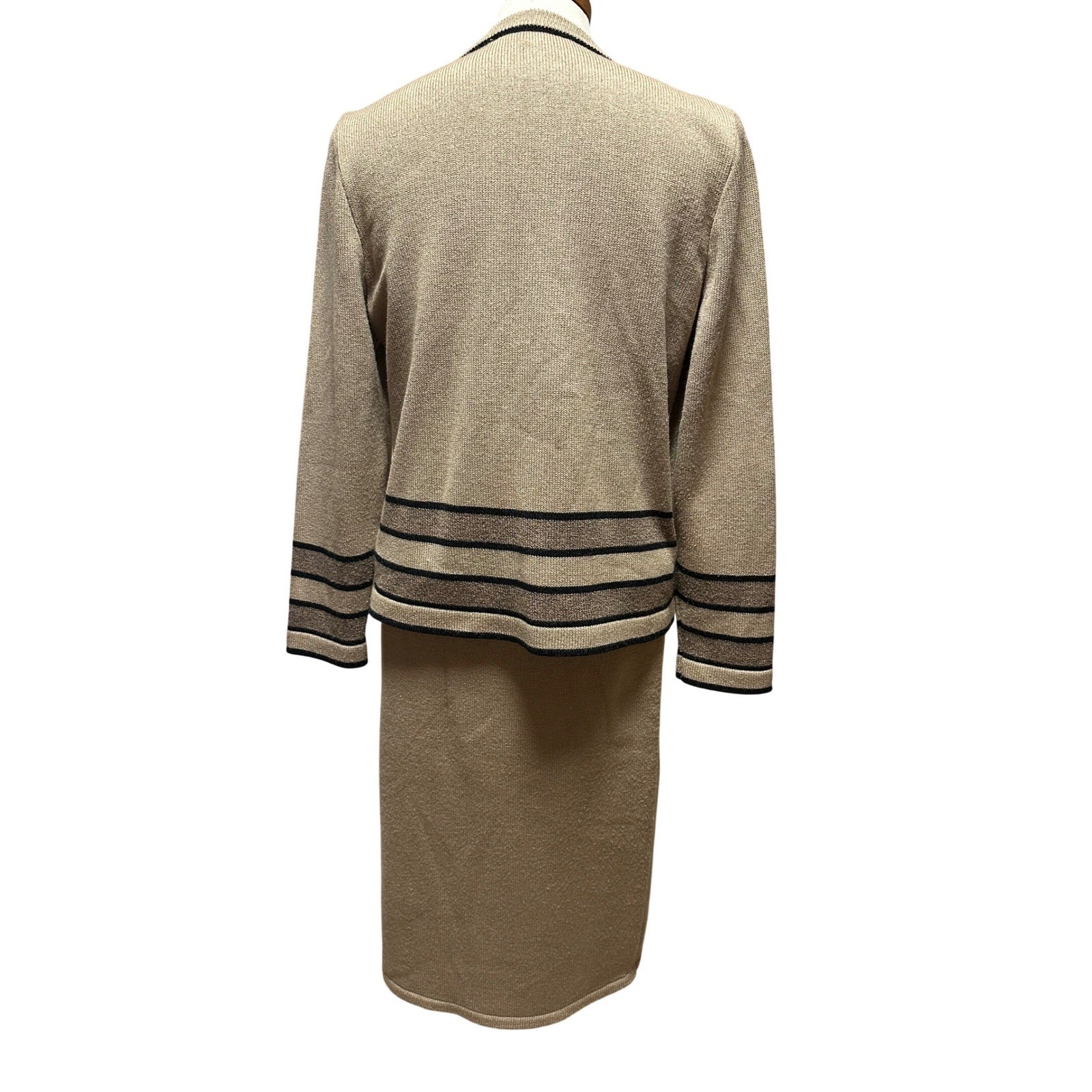 Vintage Eric Steven 2-Piece Knit Sweater Skirt Set Tan Beige Black Trim 80s