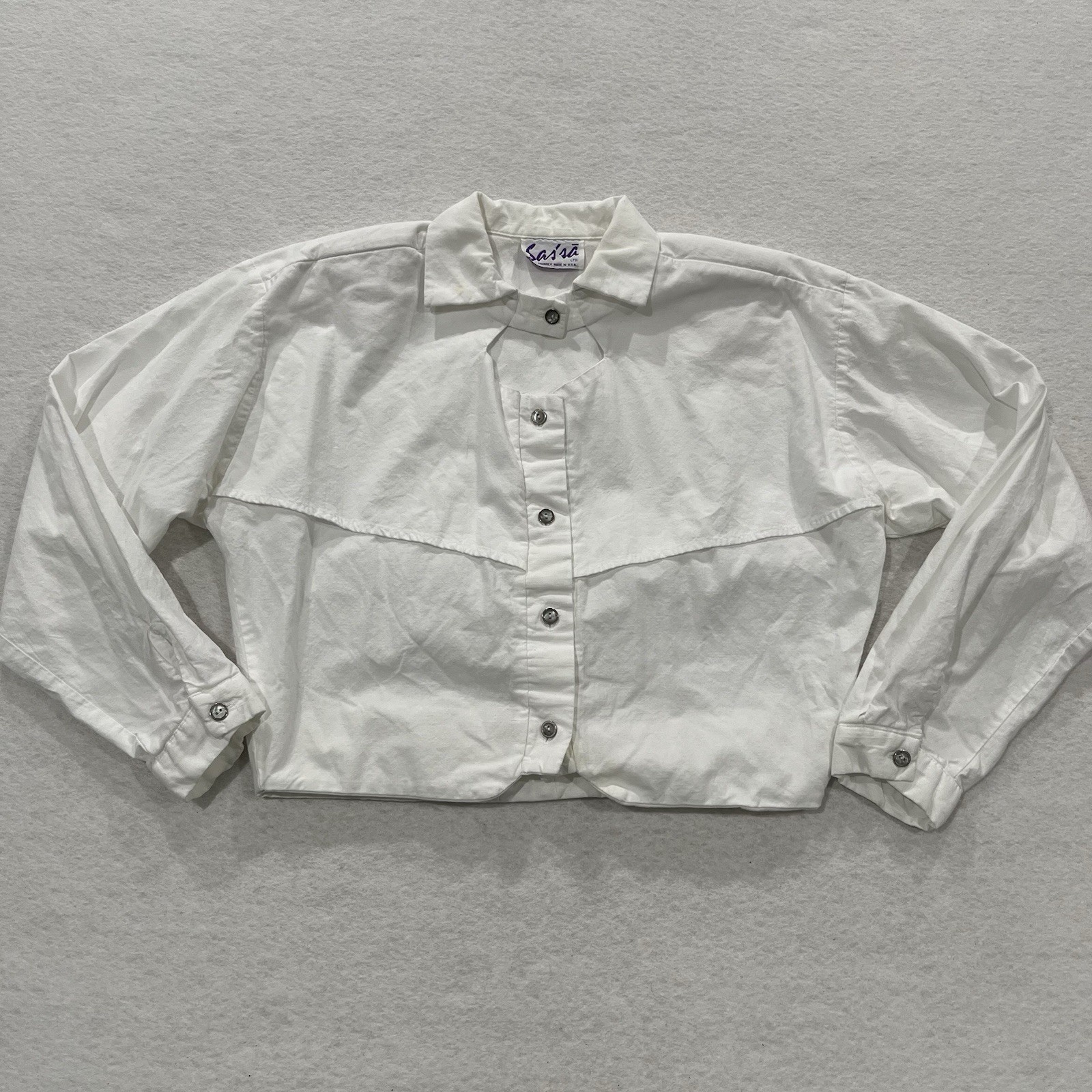 Vintage Sas’sa White Cotton Blend Crop Shirt Shoulder Pads Women Cowgirl USA