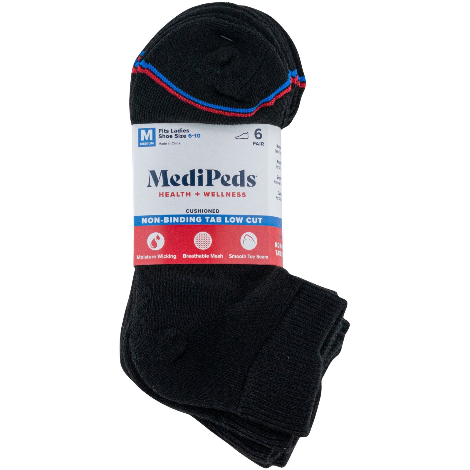 MediPeds Women’s Black Half Cushion Low Cut Socks, 6 Pairs shoe size 10-13