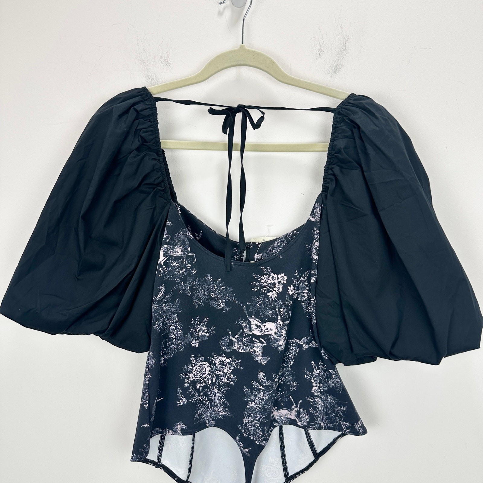 Free People Prarie Rose Puff Sleeve Bodysuit Black Coquette Romantic Large NWT
