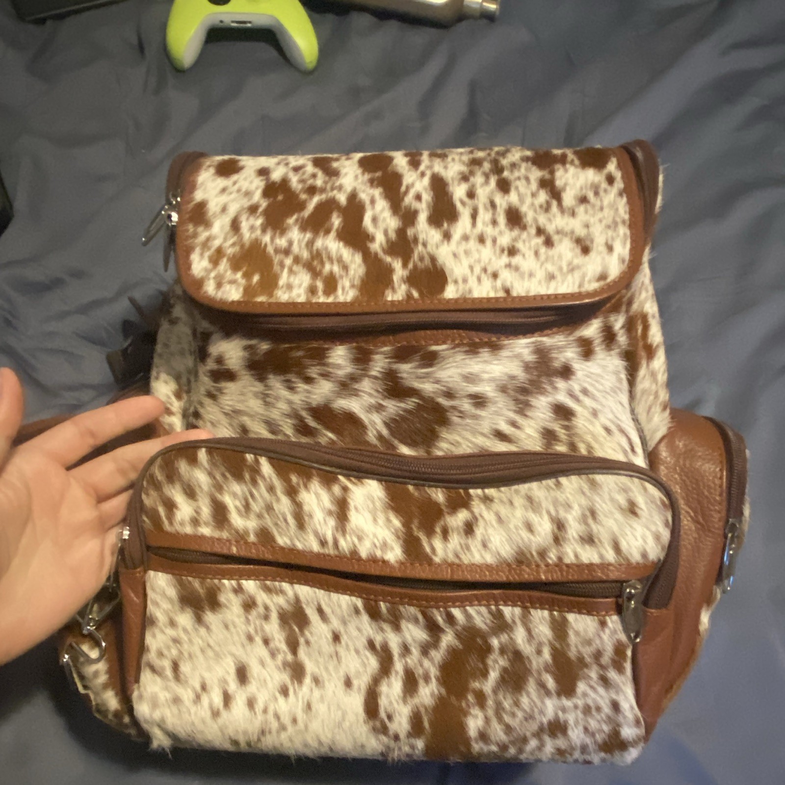 Real Cowhide Backpack Brown/White Zip, Inner Pockets, Adjustable Straps