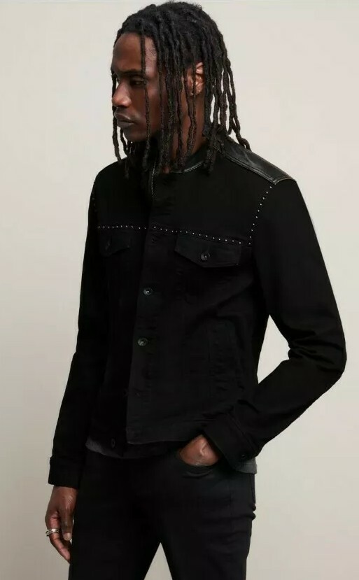 NEW JOHN VARVATOS BLACK DENIM LAYNE TRUCKER JACKET WITH LEATHER ACCENTS – SMALL