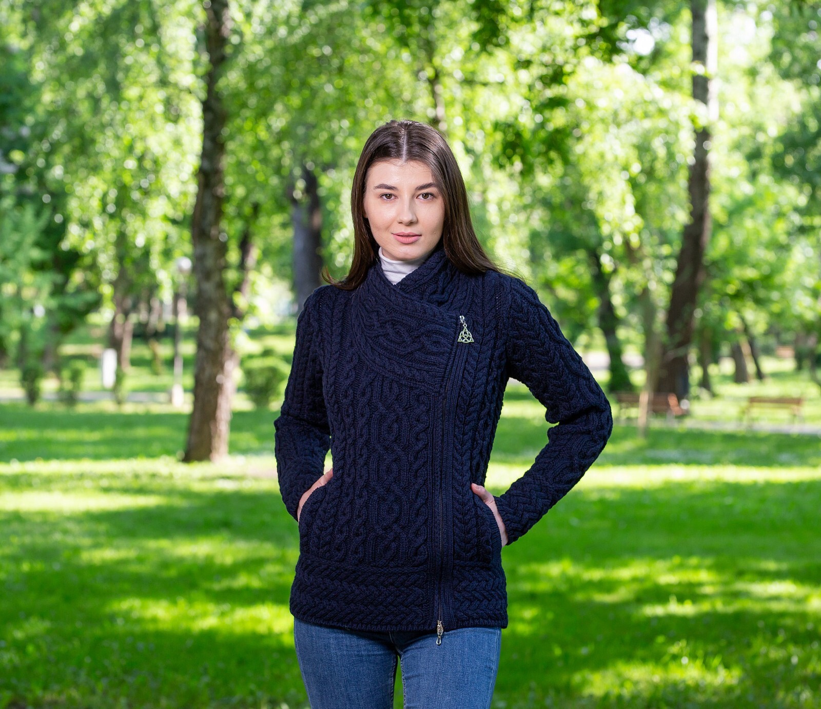 SAOL Cable Knitted Cardigan Women’s 100% Merino Wool Irish Aran Zipper Jacket