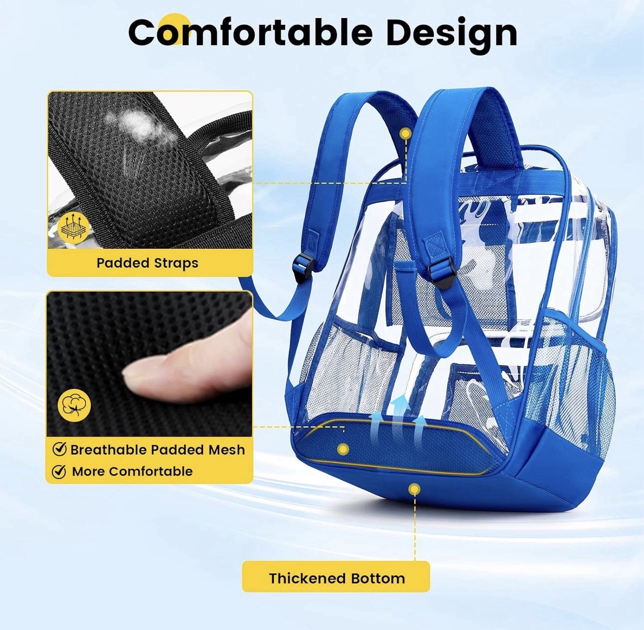 Clear PVC Blue Unisex Kids Backpack, Multiple Zip Pockets, Mesh Pocket