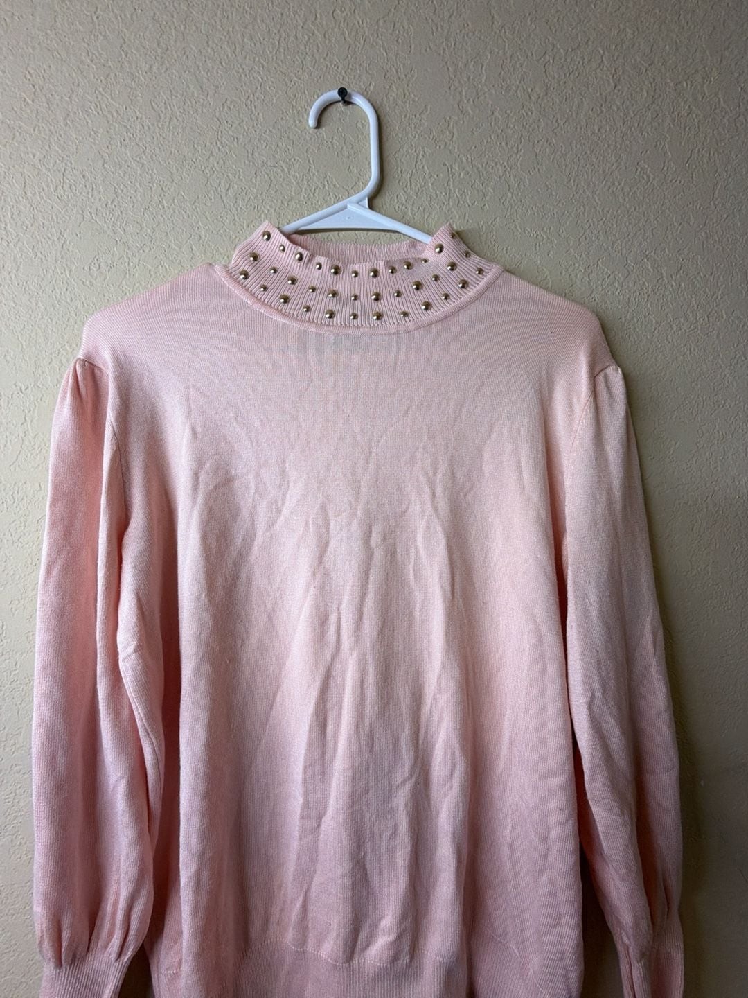 Joseph A. Women’s Pink Mock Neck Sweater with Faux Pearl Embellishments