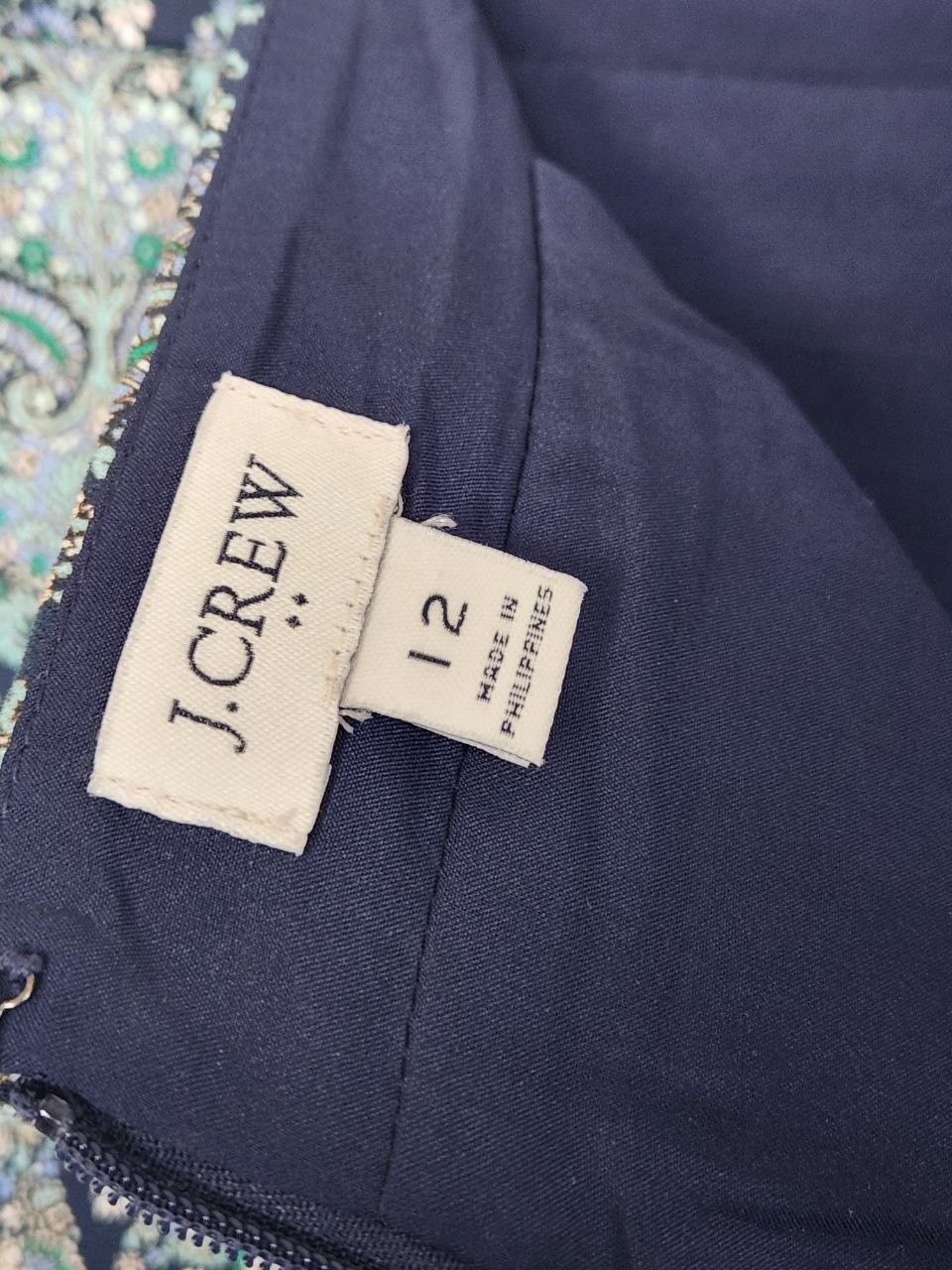 J Crew Pencil Skirt Paisley, Size 12, Cotton, Navy Teal Green +, Orig. ~$90!