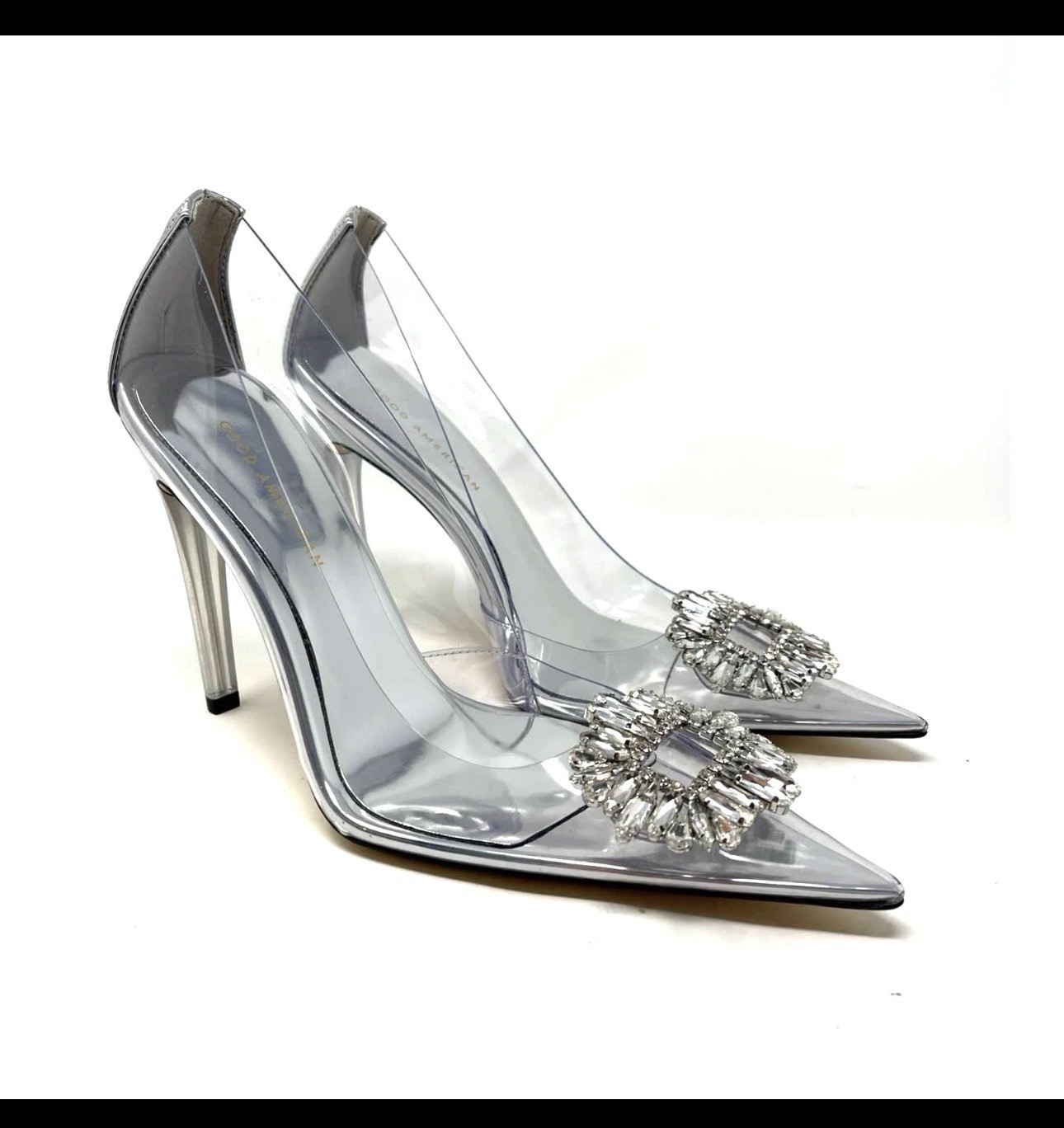 Good American Silver/Clear Leather Rhinestone Pointed Toe Stiletto Pumps 8