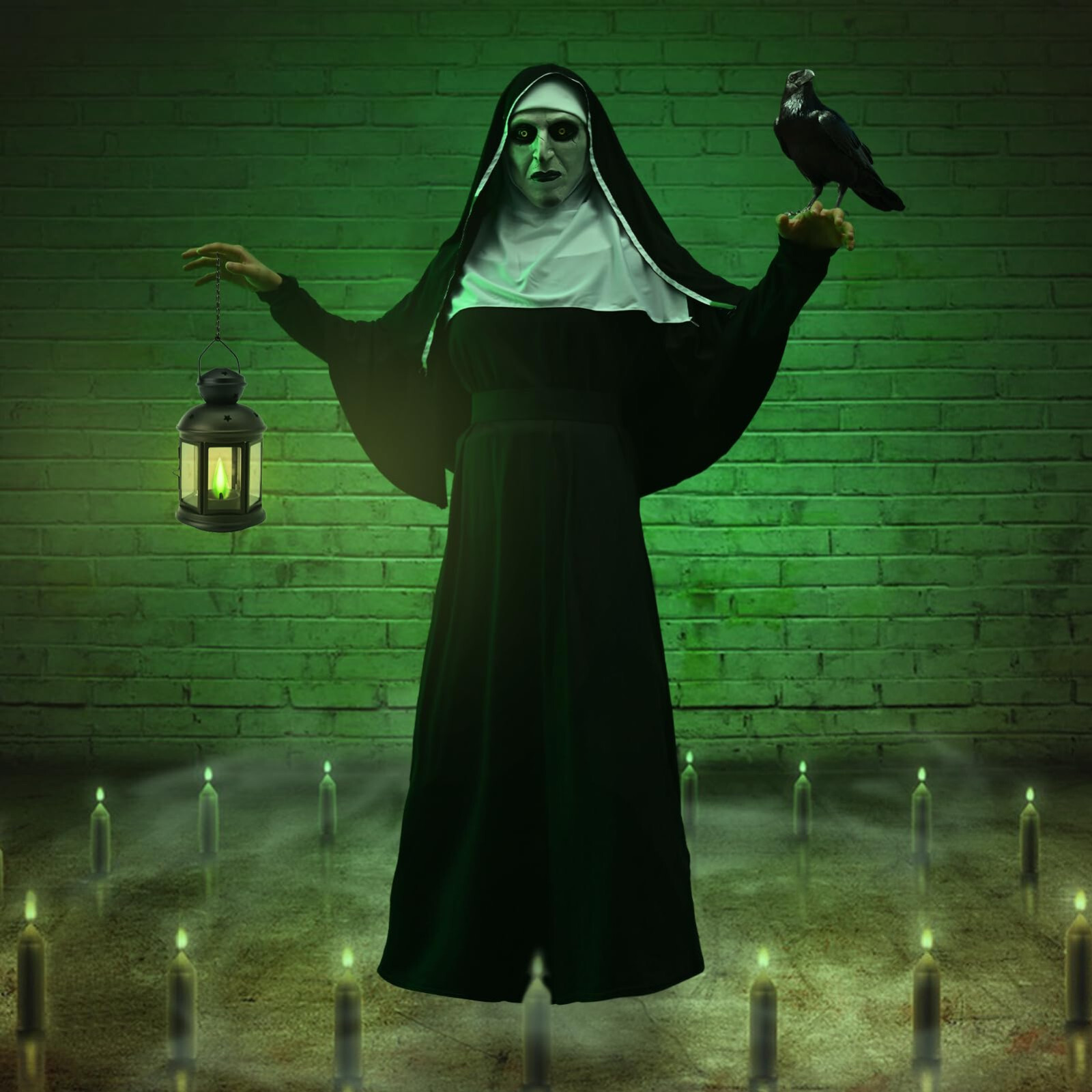 Halloween Horror Scary Nun Black Robe Suit + Mask Costume Cosplay w/Hood & Cross
