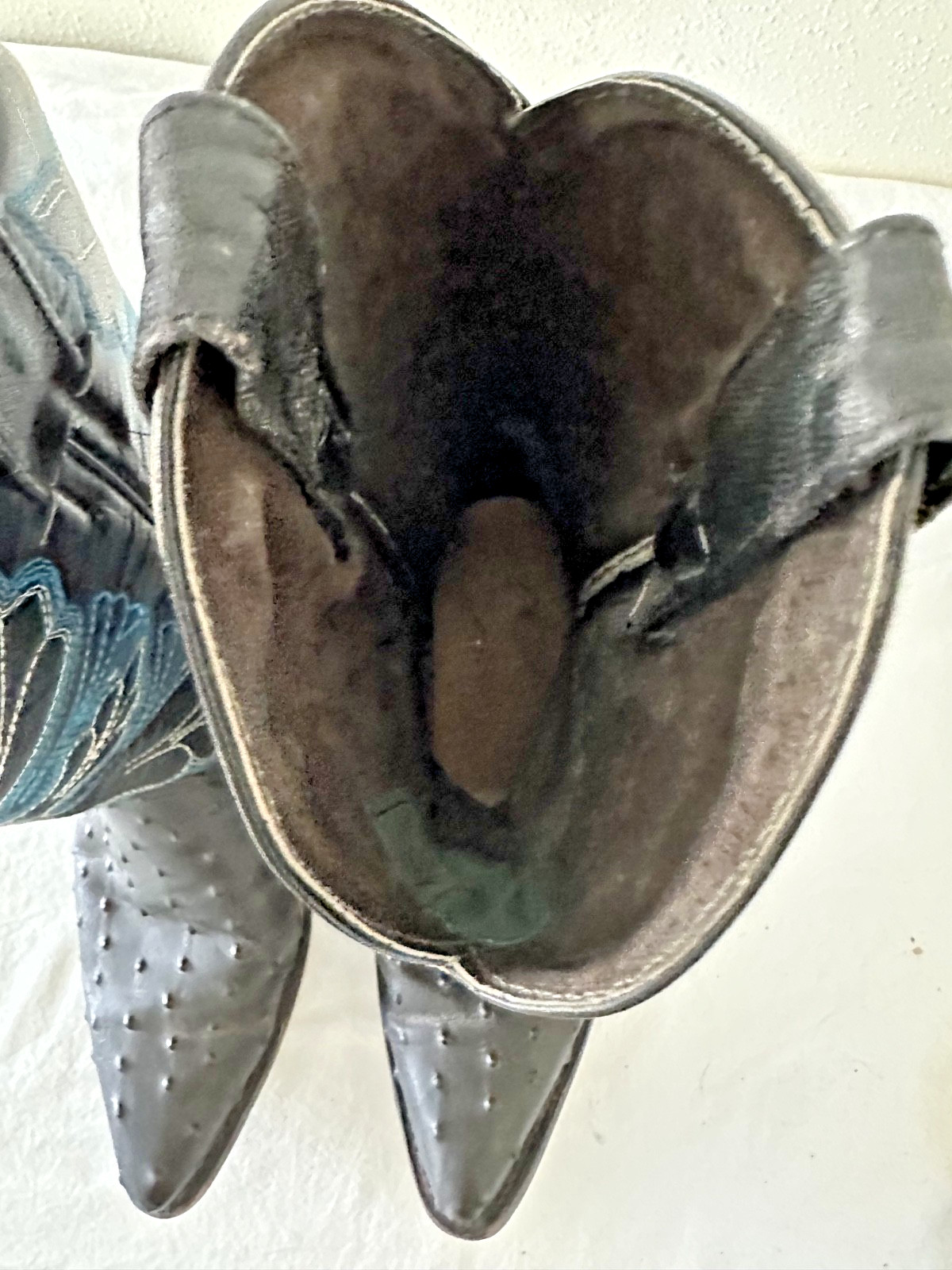 John Davis Cowboy Boots Black Ostrich Embossed Blue Butterfly Stitching W 9 M 7
