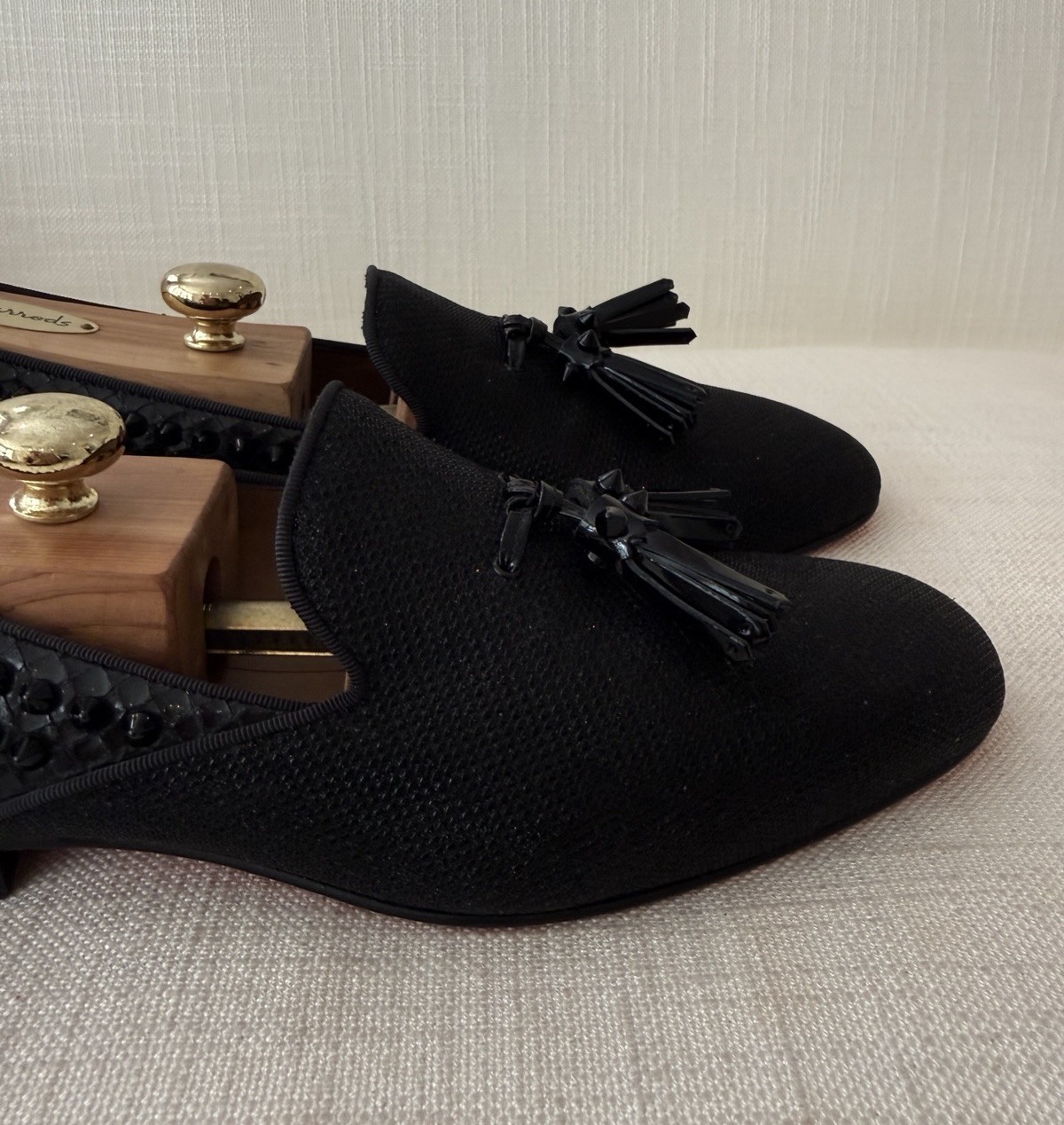 Christian Louboutin Dandelion Tassel Black Glitter Spike Mens Loafers Size 42