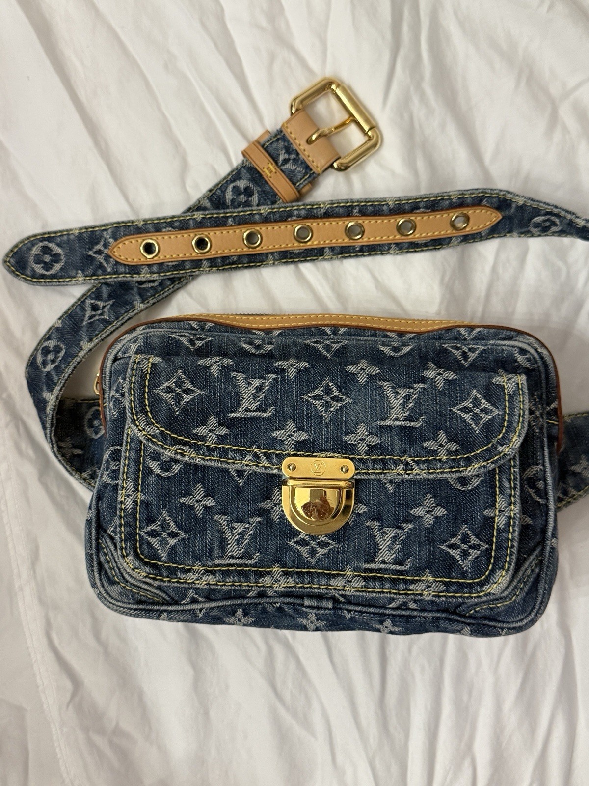 Louis Vuitton Blue Monogram Shoulder Bag Strap Gold Hardware Push Lock Zip