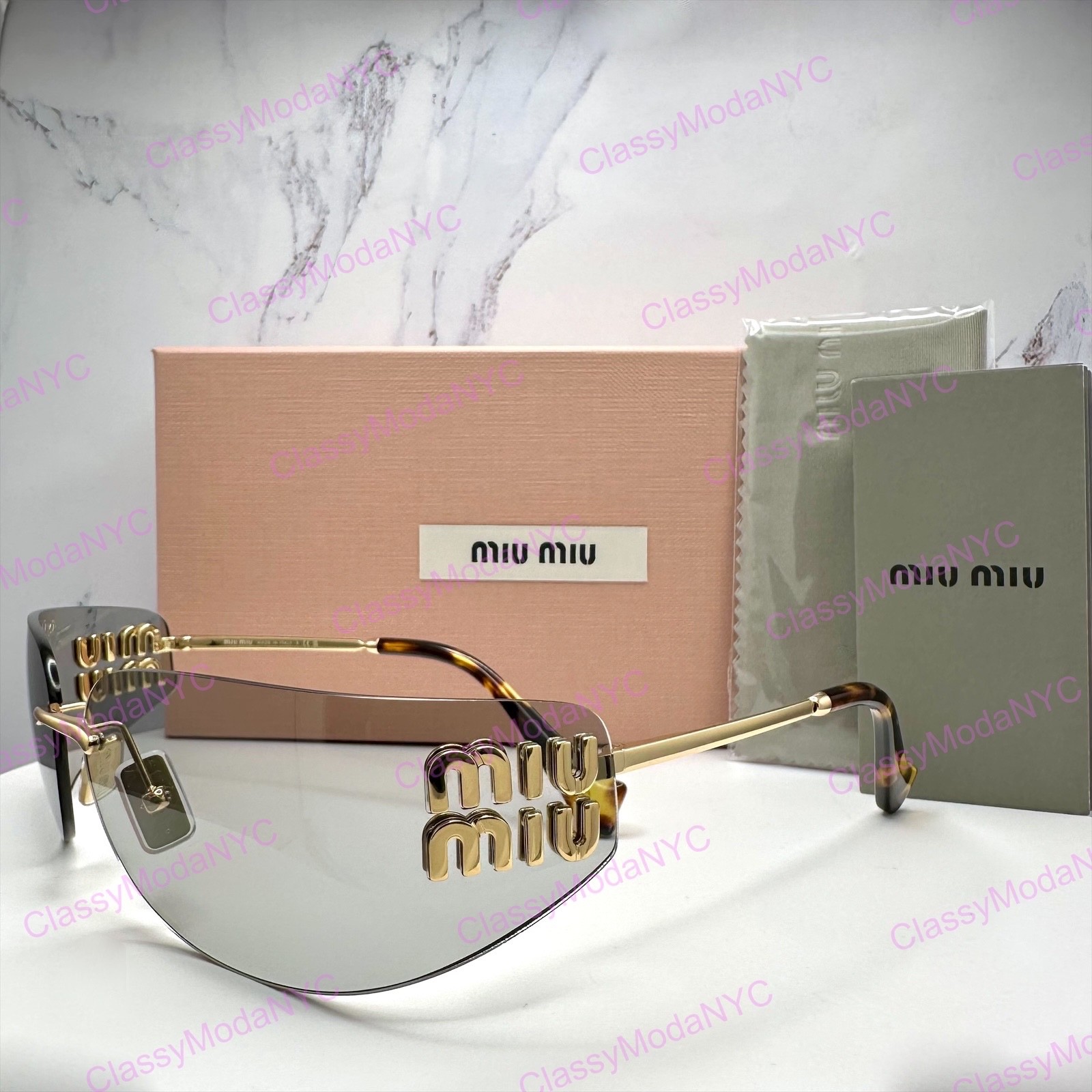 New MIU MIU Sunglasses Gold Slim Runway Wrap Rimless MU A51S 5AK50K Authentic